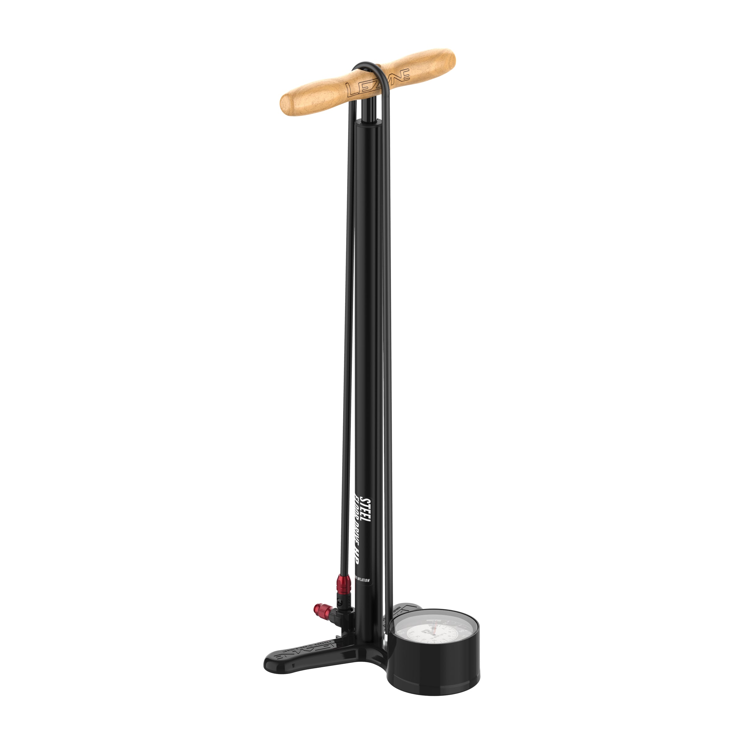 Lezyne Steel Floor Drive 3.5 high-pressure bike floor pump with durable steel barrel, varnished wood handle, and precision analog gauge.