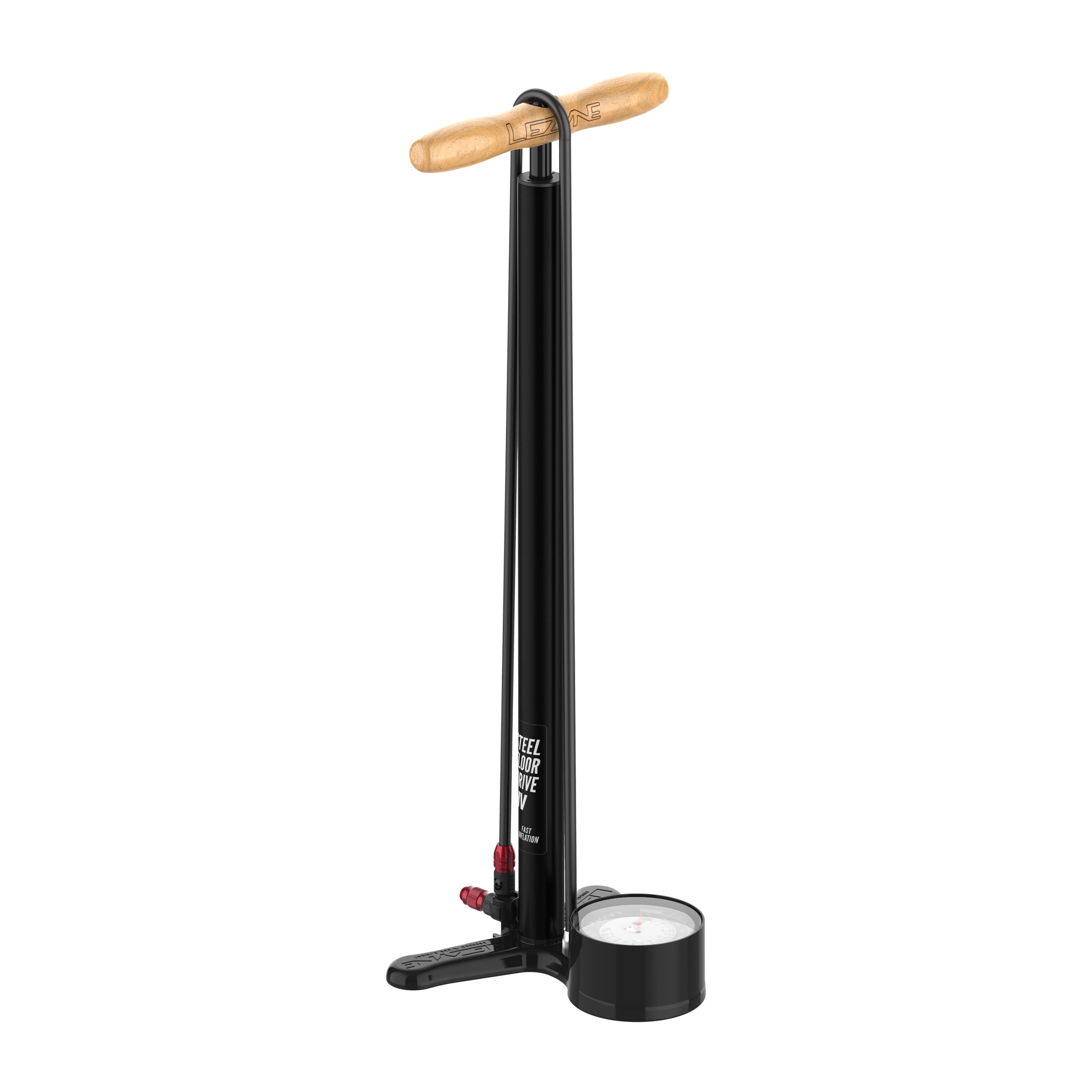 Lezyne Steel HV Floor Drive 3.5 bike pump with durable steel barrel, ergonomic wood handle, and high-volume inflation performance.
