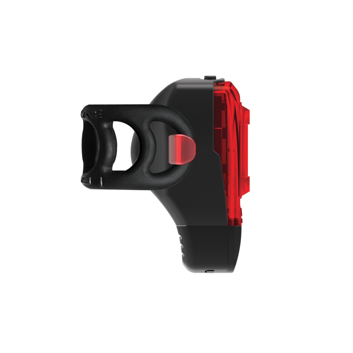 Side view of KTV DRIVE+ LED rear bike light with secure mounting strap for all kinds of bicycle seatposts.