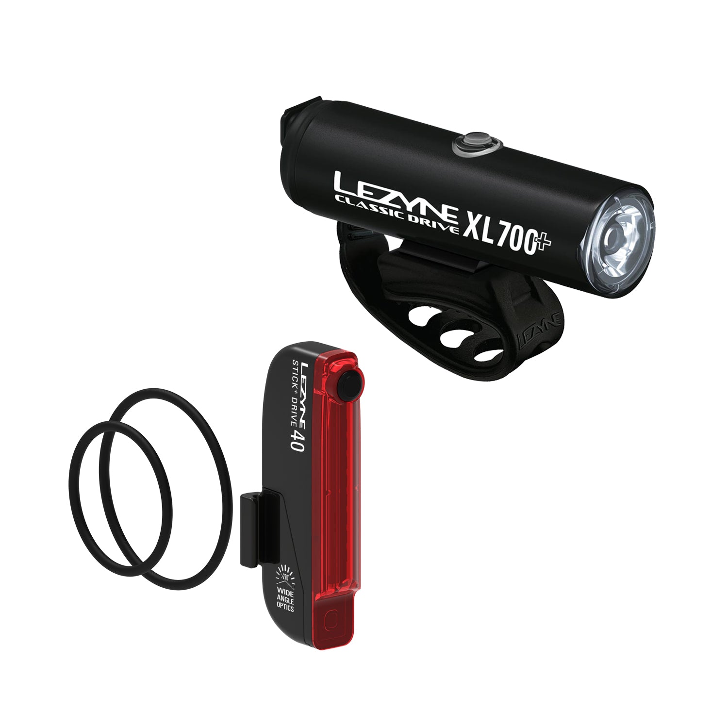 CLASSIC DRIVE XL 700+ & STICK+ DRIVE Pair LED front & rear bike light set, long runtimes, Daytime Flash mode, IPX7 waterproof.