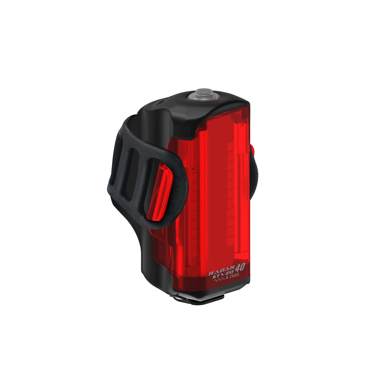 Lezyne Radar Drive LED rear bike light front view; tall lens stack, co-molded body, seatpost strap mount and USB-C.