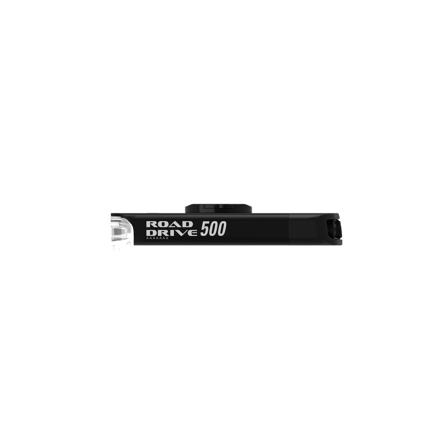 Side view of the Road Drive 500 LED front bike light with Road Drive 500 branding.