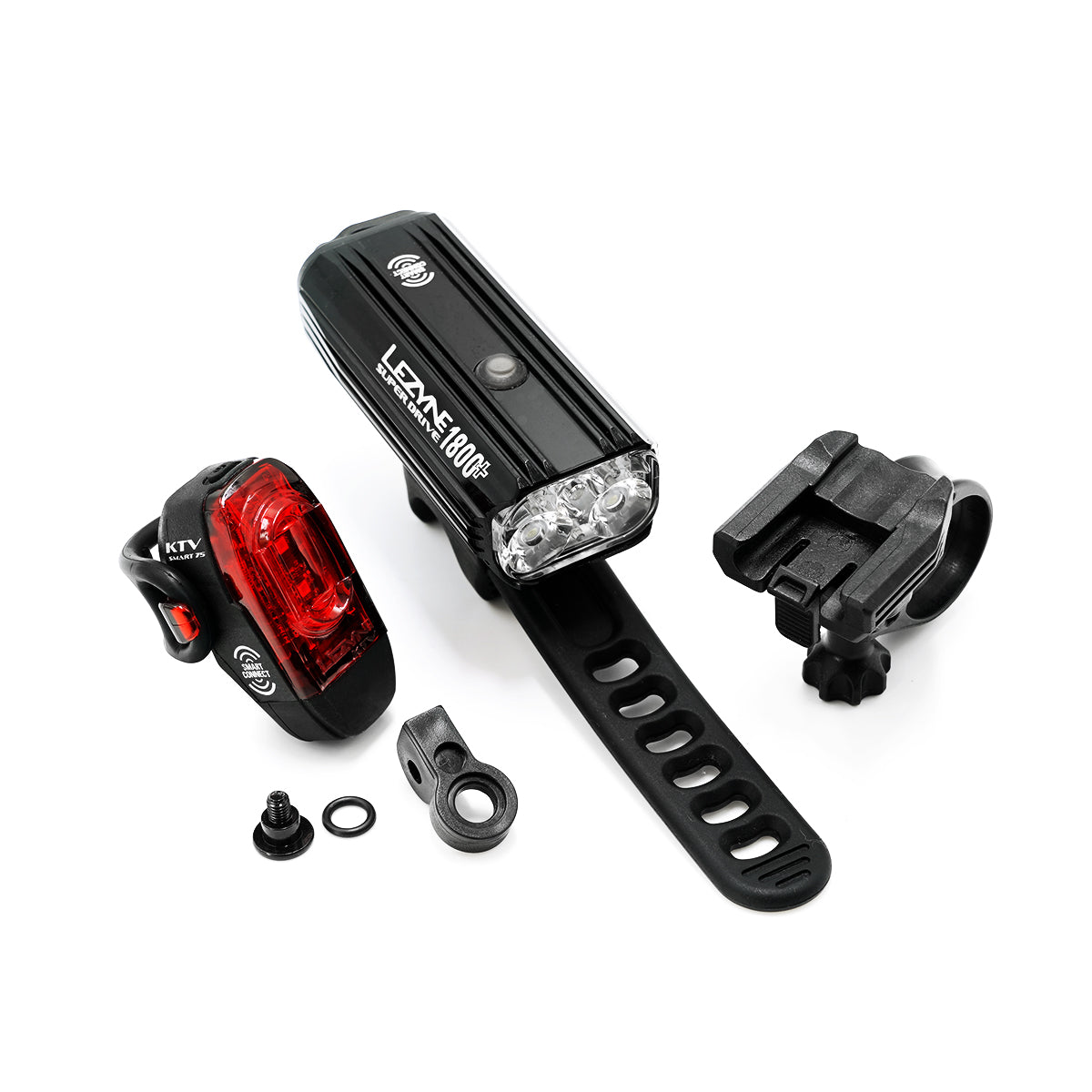 Loaded kit with Super Drive 1800+ front bike light, KTV Pro Smart rear bike light, handlebar mount, and GoPro LED adapter.
