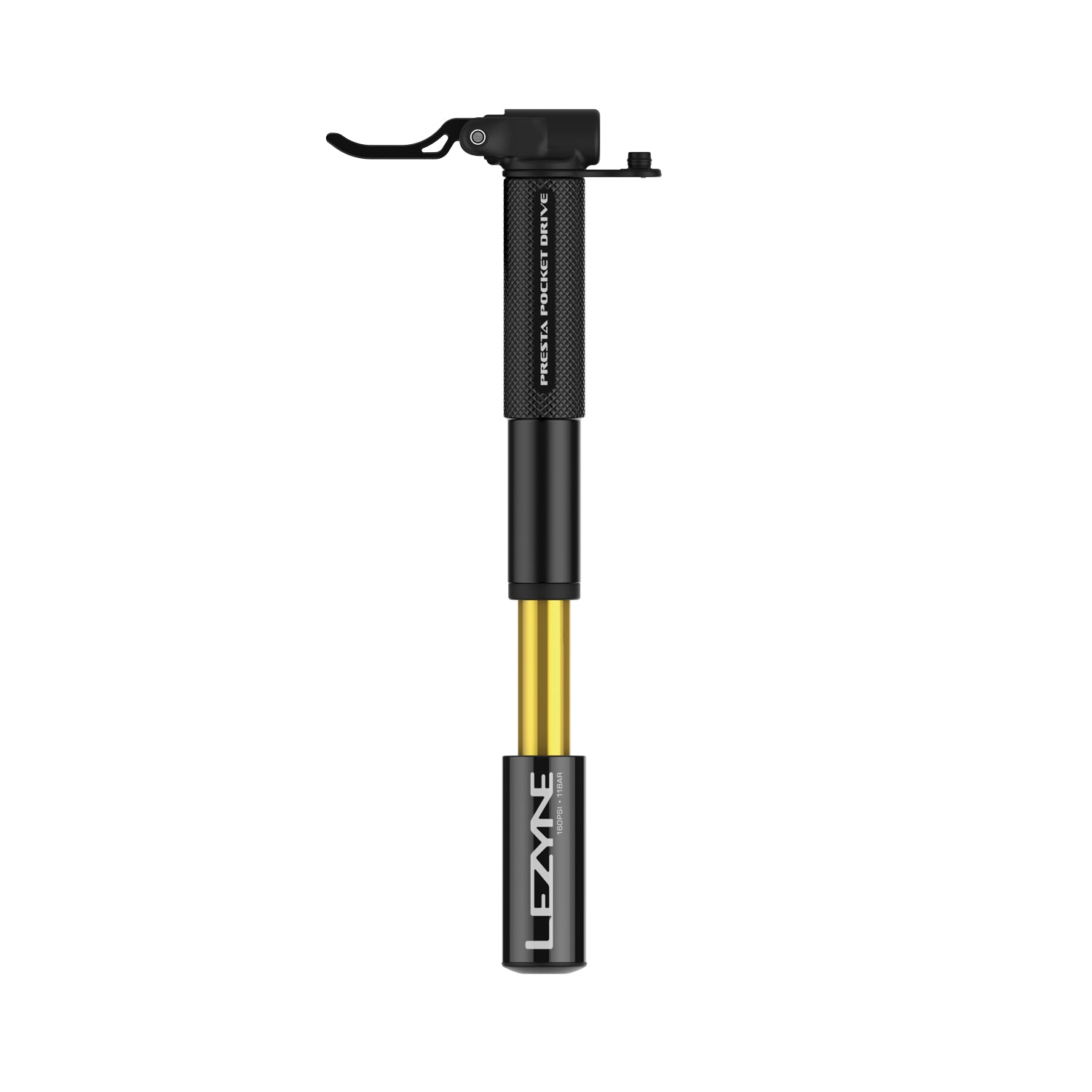Close-up of the Presta Pocket Drive bike hand pump, showcasing the knurled barrel and precision-machined aluminum finish.