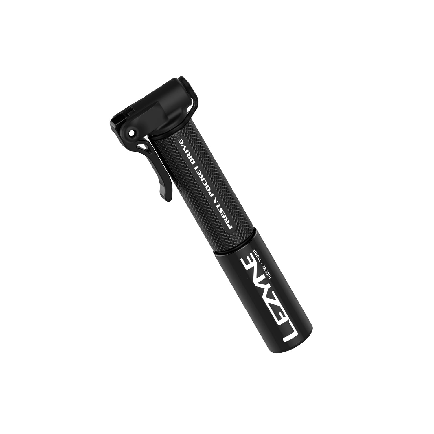 Close-up of the Presta Pocket Drive bike hand pump, showcasing the knurled barrel and precision-machined aluminum finish.