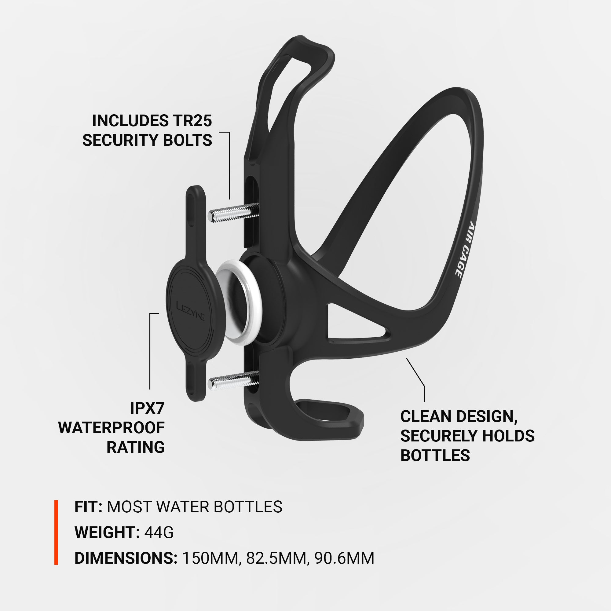 Lezyne Matrix Air Cage conceals an Apple Air Tagâ„¢ within the bottle cage includes TR25 security bolts.