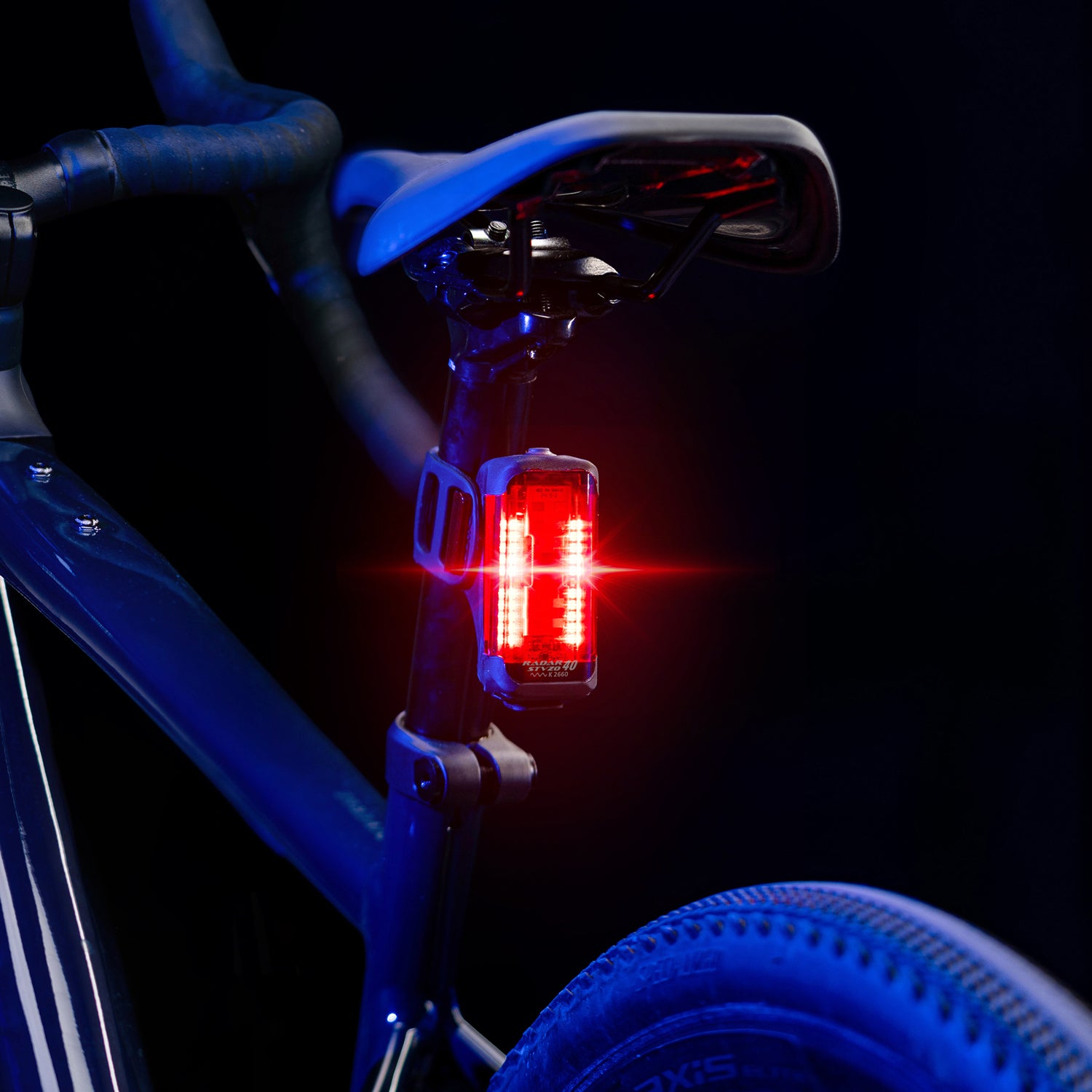 Lezyne Radar StVZO Rear mounted on road bike — bright StVZO rear radar bike light with 150 m vehicle detection and IPX7 waterproof design.