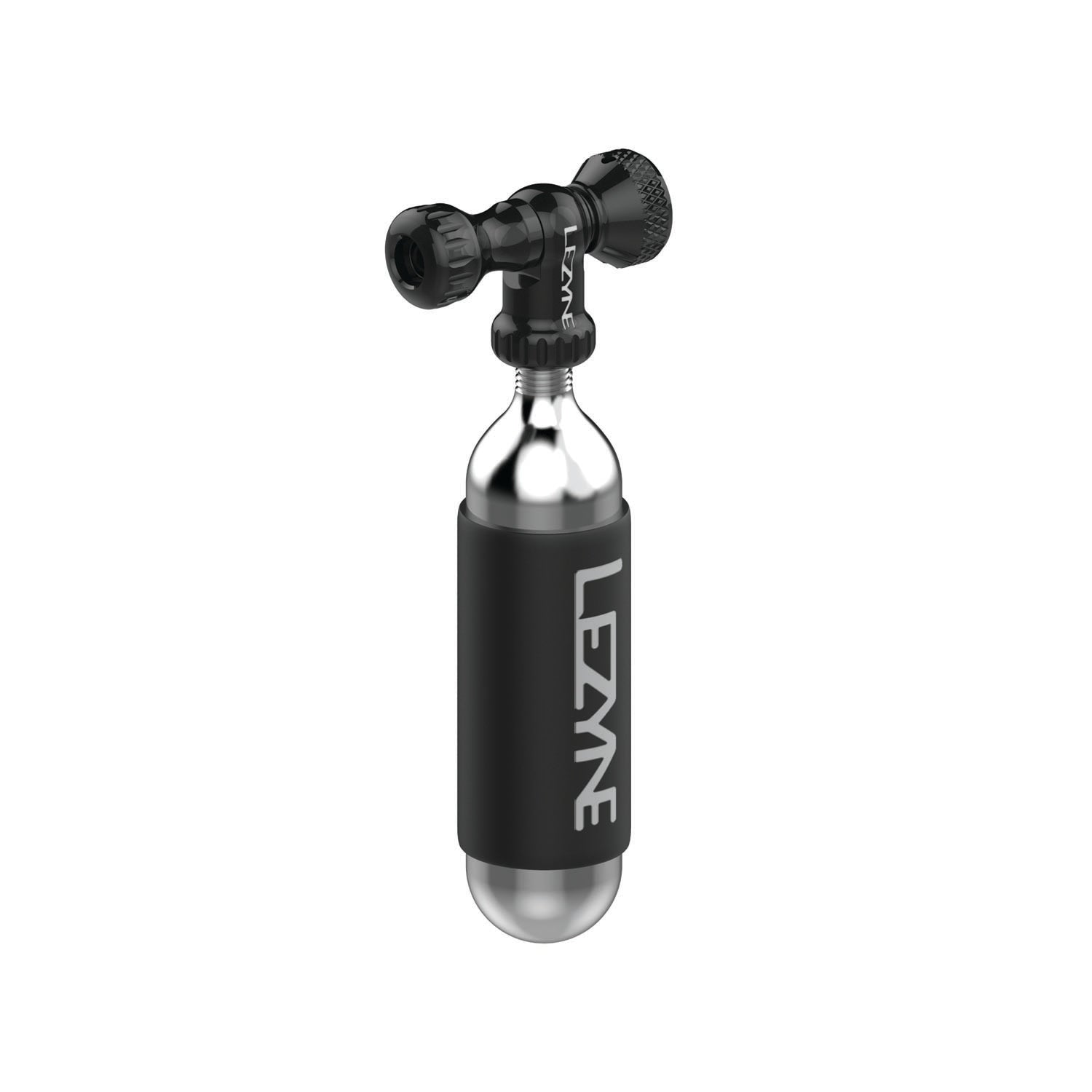 Compact black Control Drive CO2 inflator with threaded CO2 cartridge, knurled control knob, and dual valve compatibility.