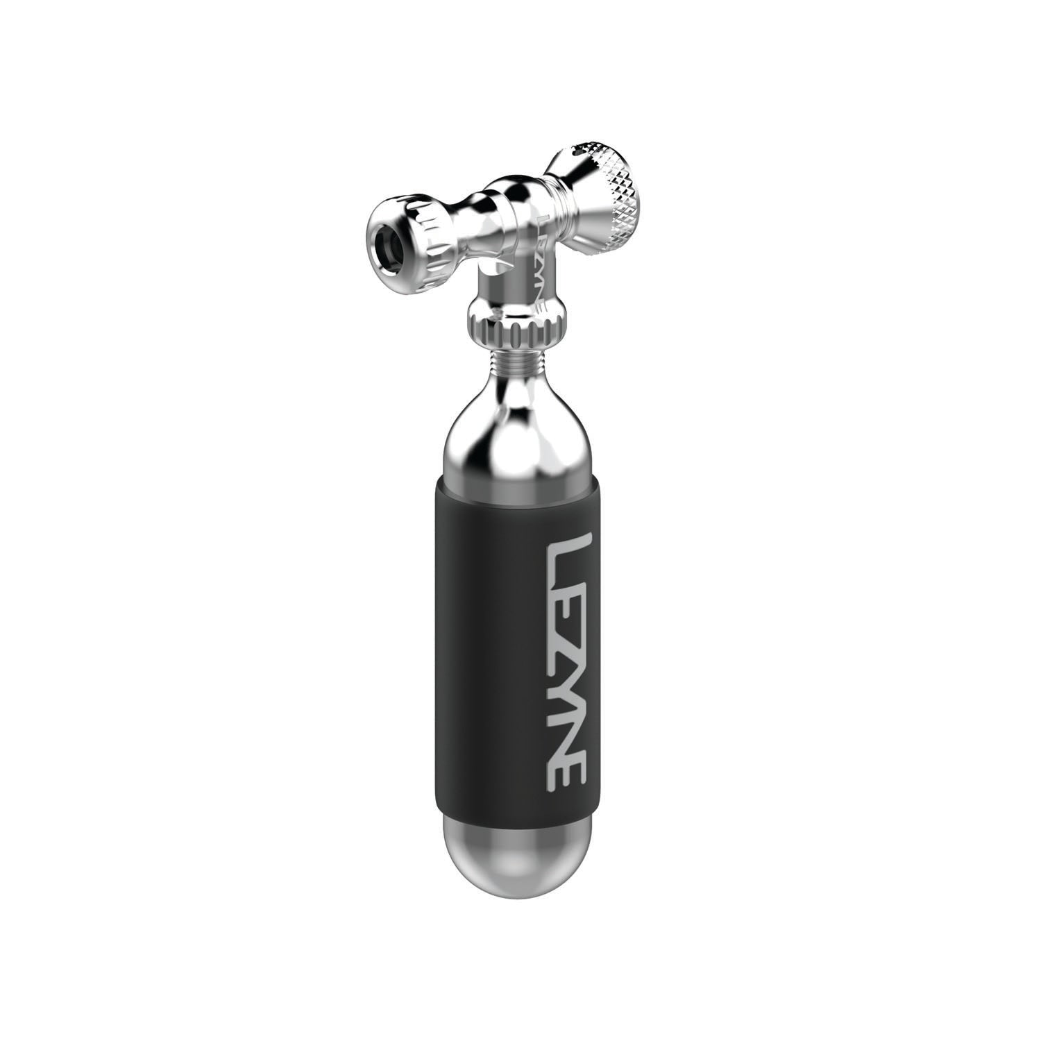 Side view of silver Control Drive CO2 bike inflator with neoprene sleeve and Twin Slip Chuck for Presta and Schrader valves.
