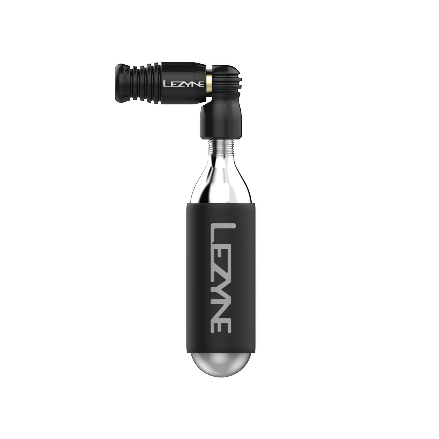 Side view of black Trigger Speed Drive CO2 inflator, showing sleek design with neoprene sleeve and Presta valve compatibility.