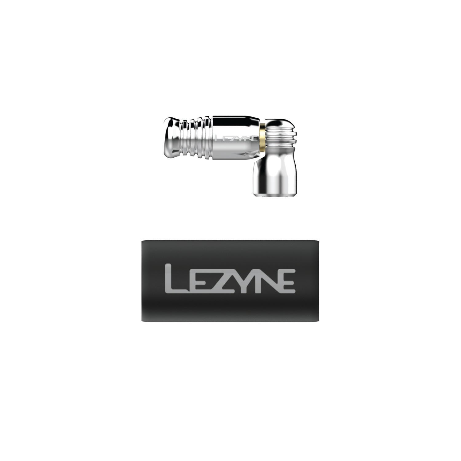 Minimalist silver CO2 inflator head with precision trigger valve and hand-insulating neoprene sleeve for CO2 cartridge.