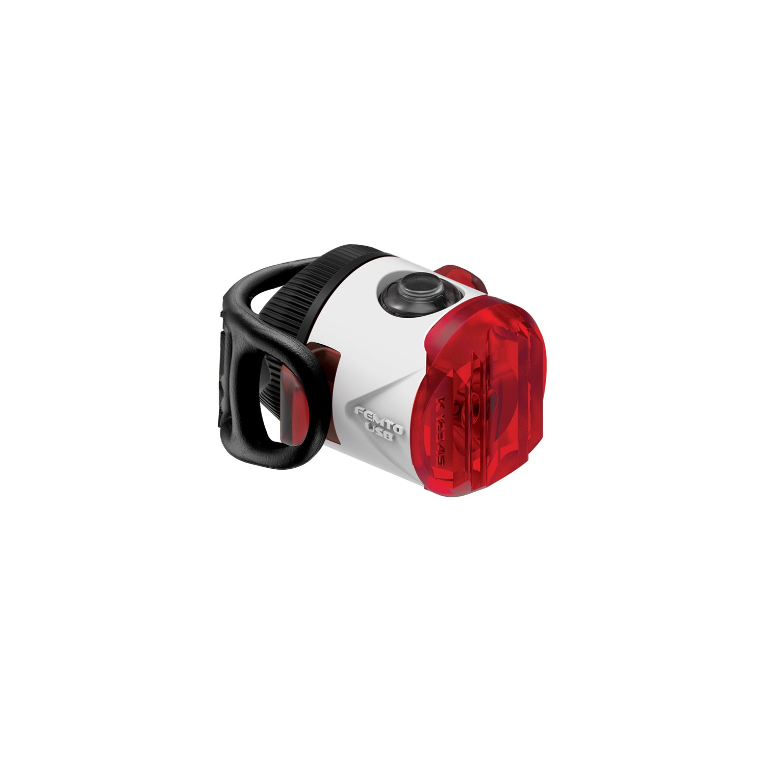 Lezyne Femto USB Rear StVZO rear light, white housing, side front view.