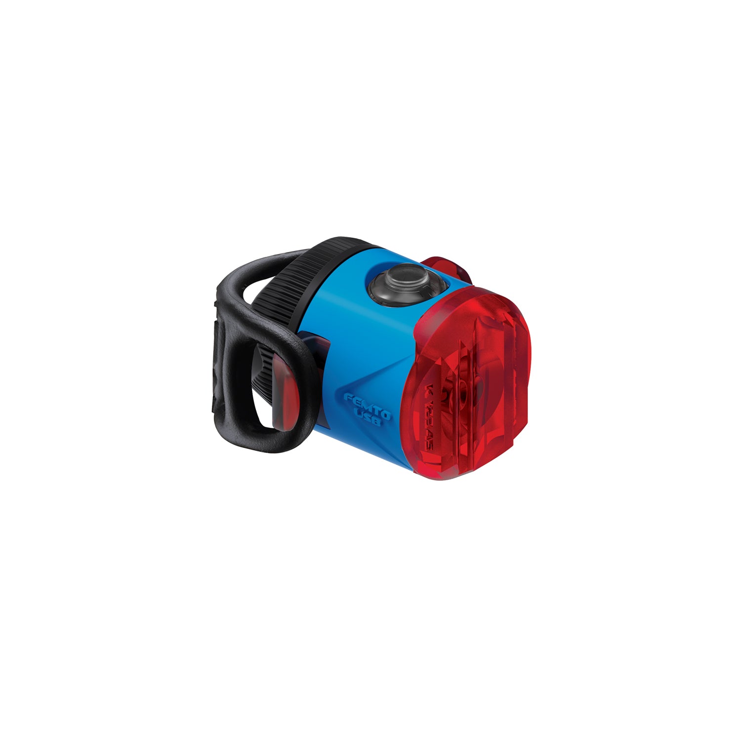Lezyne Femto USB Rear StVZO rear light, blue housing, side front view.