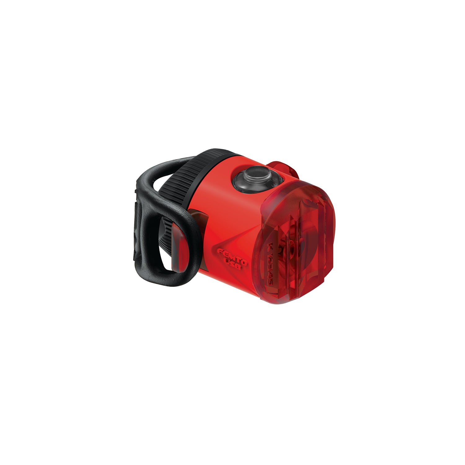 Lezyne Femto USB Rear StVZO rear light, red housing, side front view.