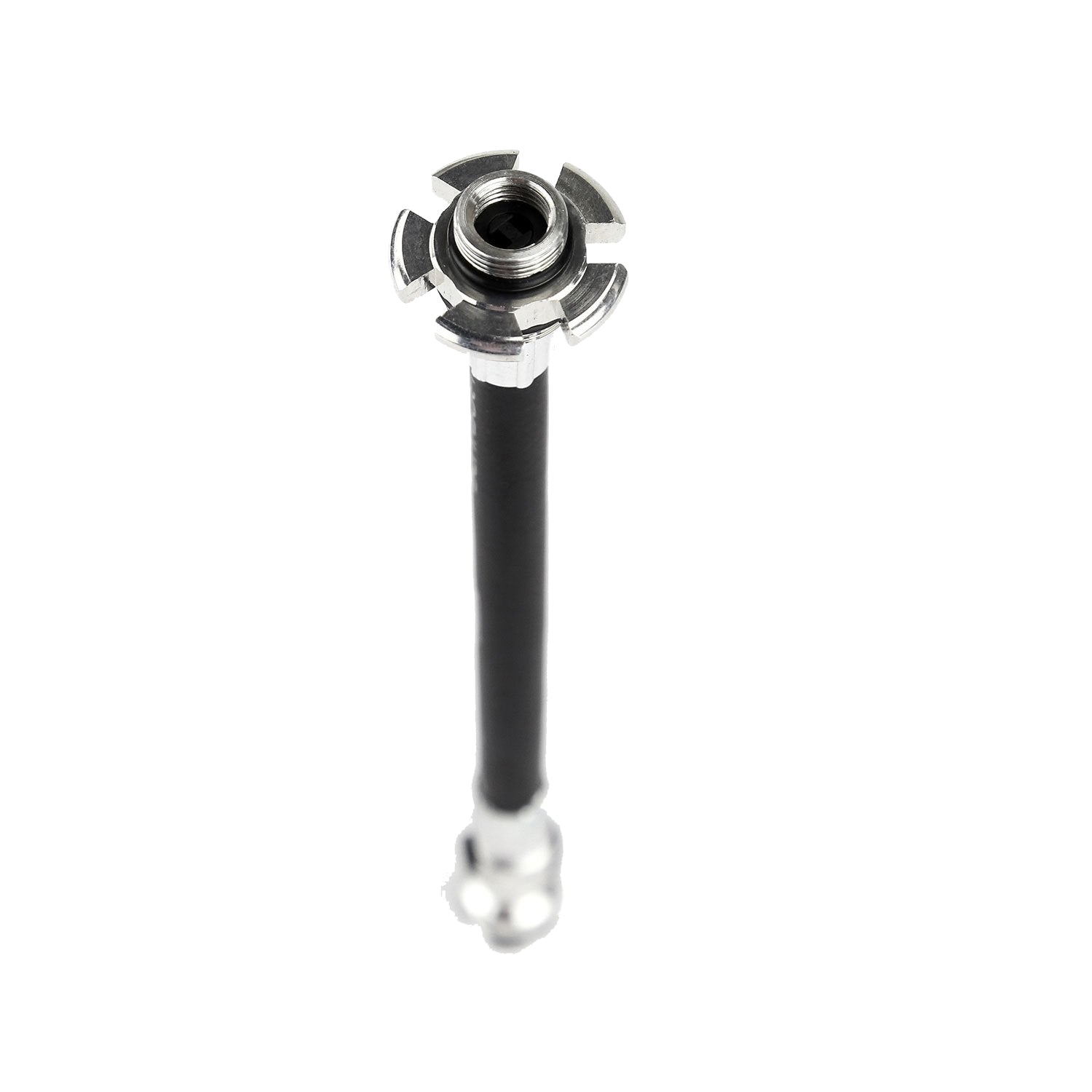 Close-up of the Road Drive hand pump’s Presta-only ABS Flex Hose with threaded and slip-fit ends.