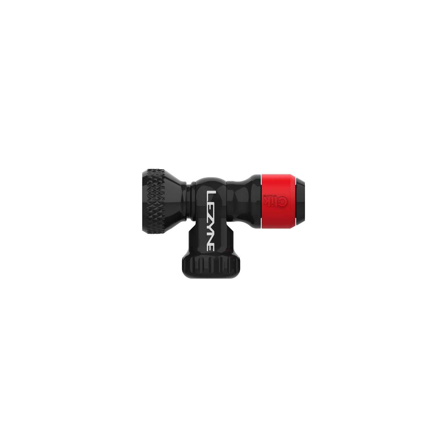 Close-up of Lezyne CLIK DRIVE CO2 head showing precision Clik Valve chuck for easy, secure inflation.