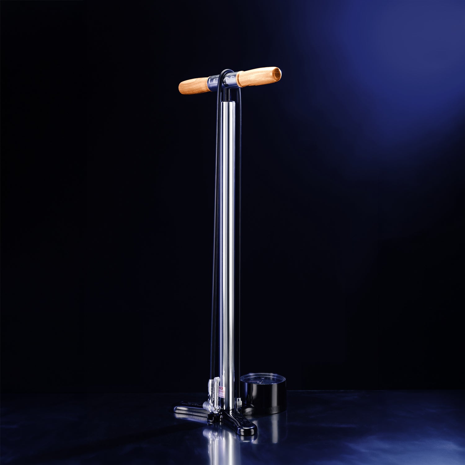 Studio shot of the Lezyne Alloy Floor Drive 3.5 floor pump with aluminum body and ergonomic wood handle