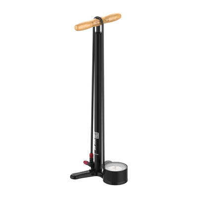 Lezyne Steel Floor Drive 3.5 high-pressure bike floor pump with durable steel barrel, varnished wood handle, and precision analog gauge.