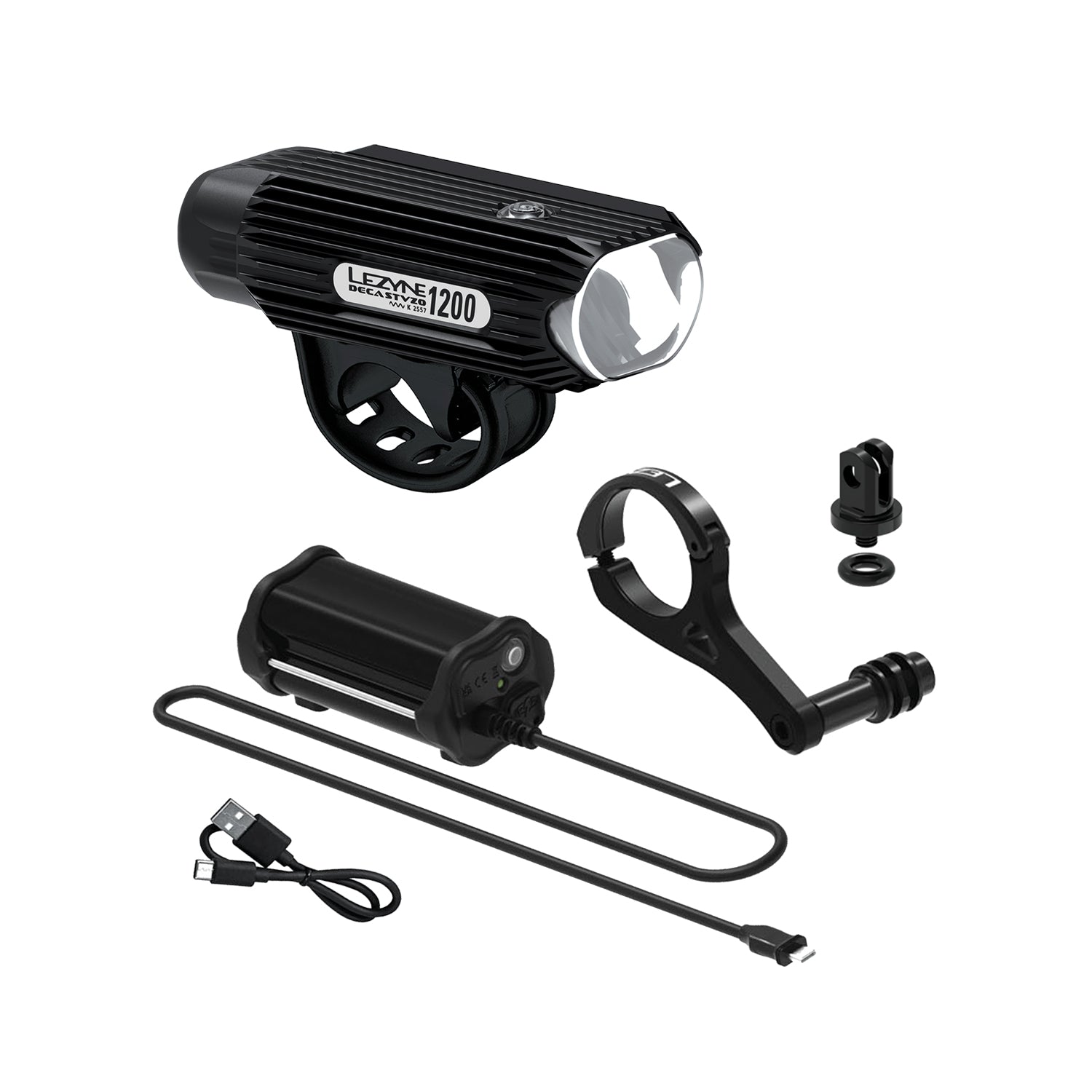 Lezyne DECA StVZO 1200 FRONT Loaded Kit, including high-performance LED front bicycle light, mount strap, and accessories for a complete lighting solution.