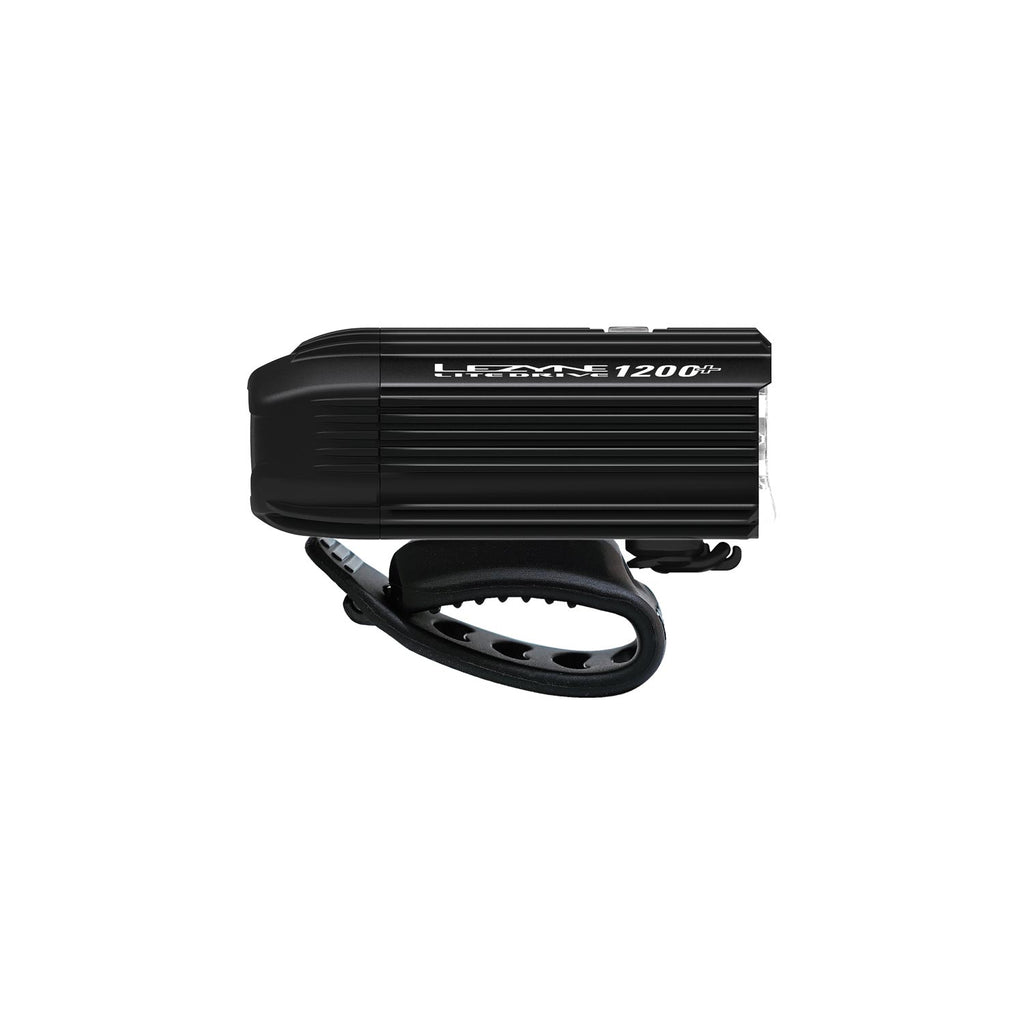 Lezyne Lite Drive 1200+ front bike light with hadlebar strap.
