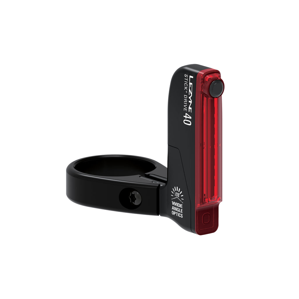 Lezyne STICK+ DRIVE SC REAR ultra-slim LED bike taillight with seat clamp mount, featuring a low-profile design, 270Â° visibility, and USB rechargeability.