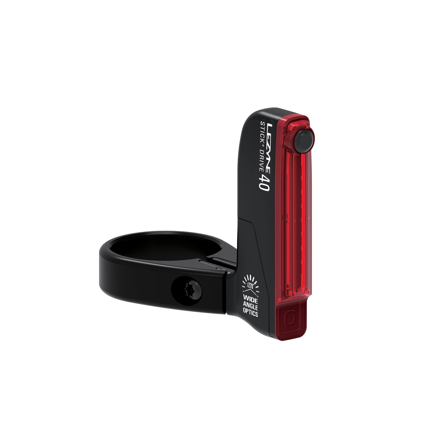 Lezyne STICK+ DRIVE SC REAR ultra-slim LED bike taillight with seat clamp mount, featuring a low-profile design, 270° visibility, and USB rechargeability.