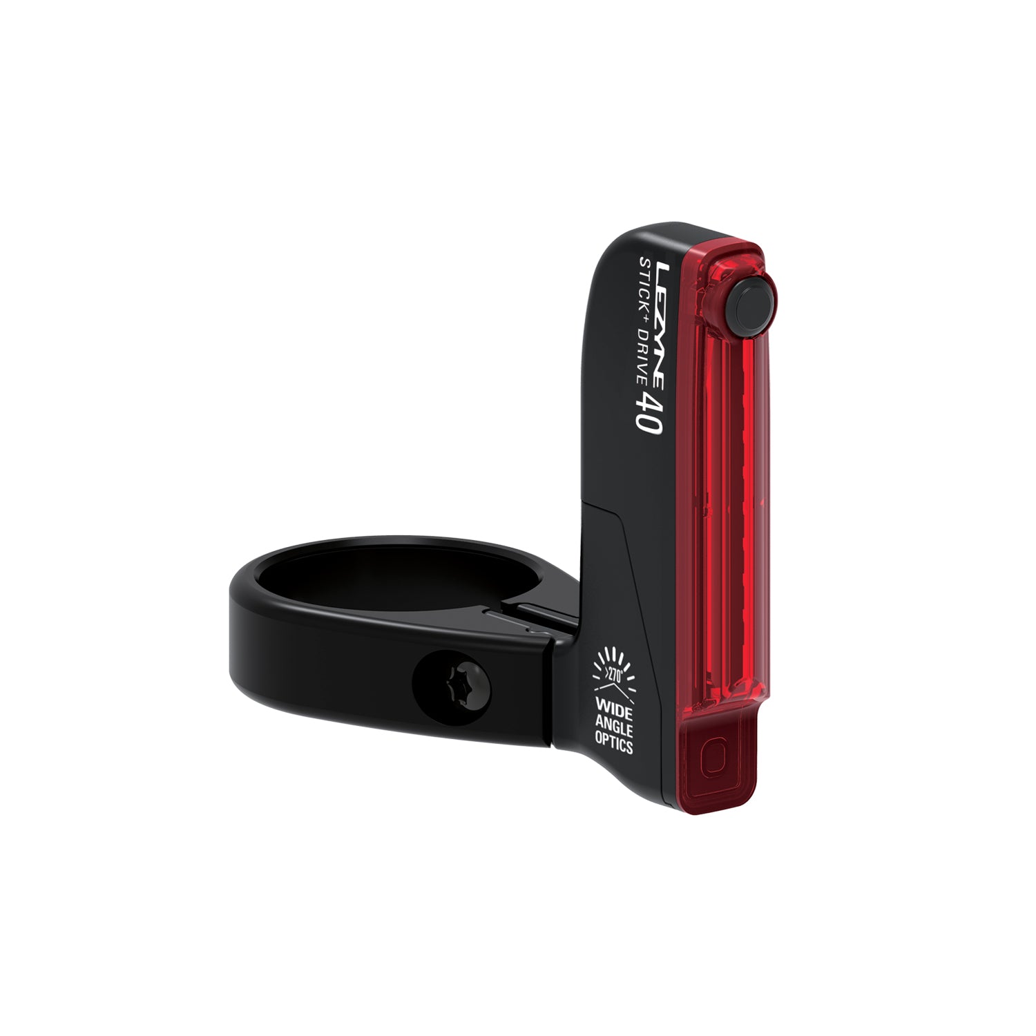 Lezyne STICK+ DRIVE SC REAR ultra-slim LED bike taillight with seat clamp mount, featuring a low-profile design, 270Â° visibility, and USB rechargeability.