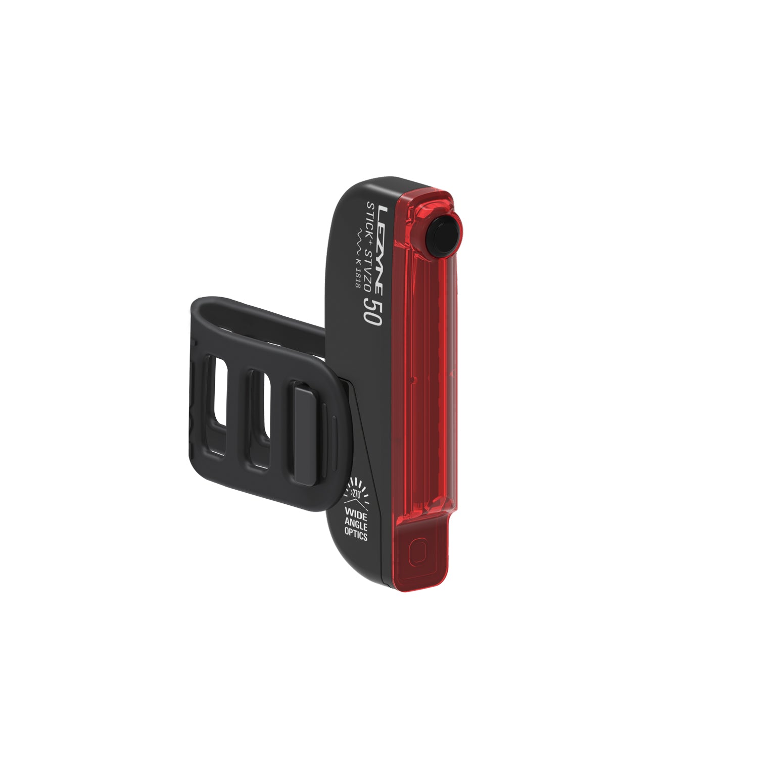 Lezyne STICK+ StVZO REAR LED bike light with a versatile rubber mounting strap, ensuring a secure and adjustable fit on various seatpost shapes.