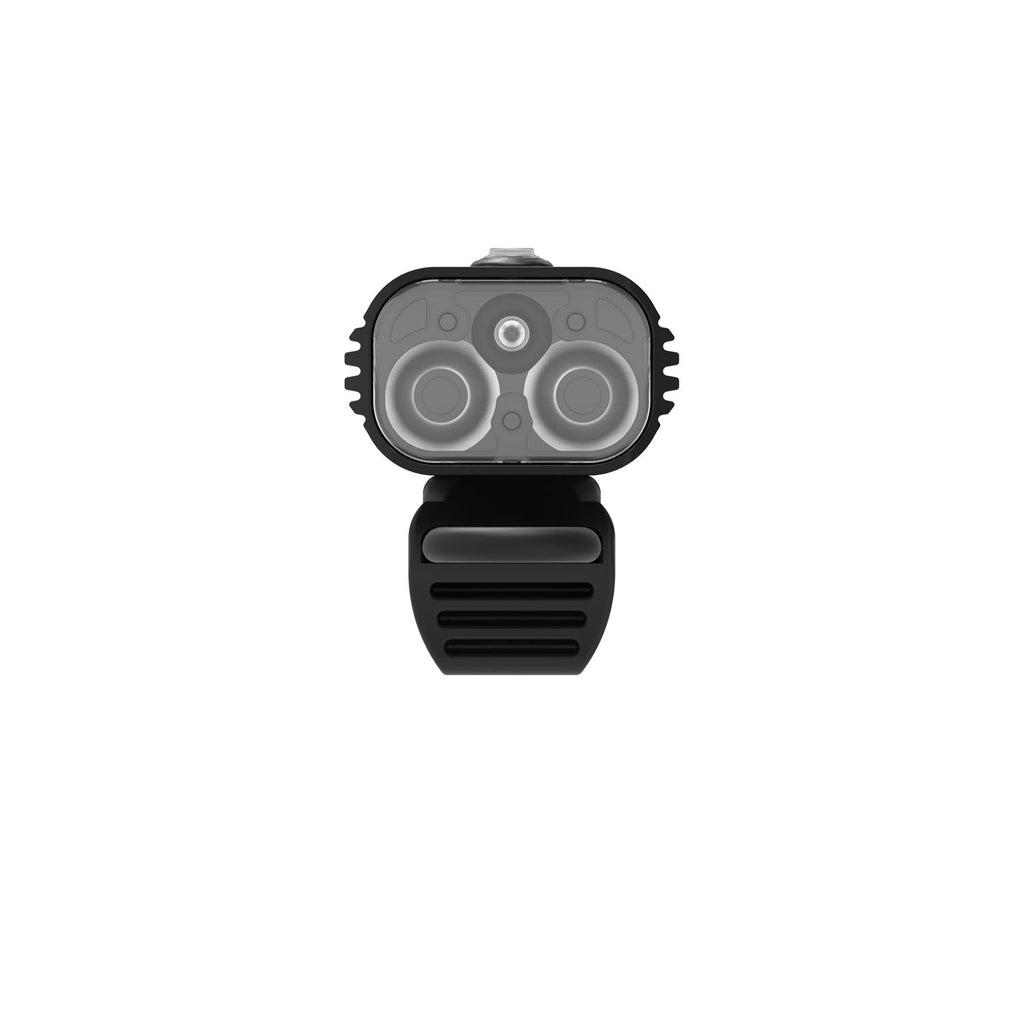 Front view of MACRO DRIVE 1400+ front LED bike light showcasing super LEDs with a powerful 1400-lumen output for safe night cycling.