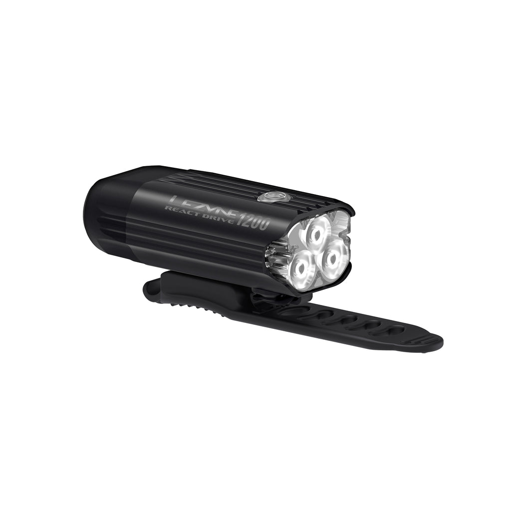 Lezyne React Drive LED front bike light product image focusing on rugged strap mount; secure fit on varied handlebars.