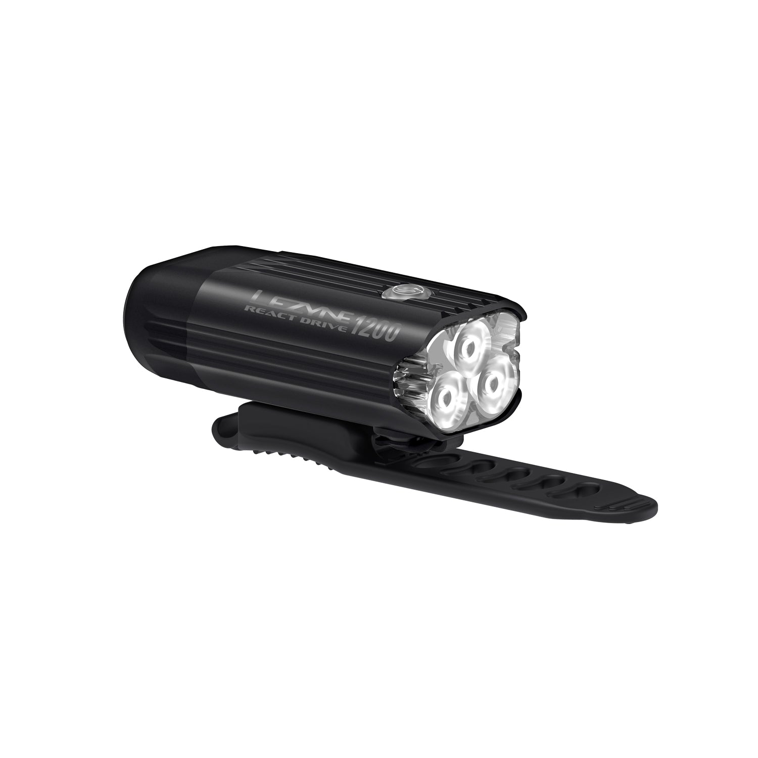 Lezyne React Drive LED front bike light product image focusing on rugged strap mount; secure fit on varied handlebars.