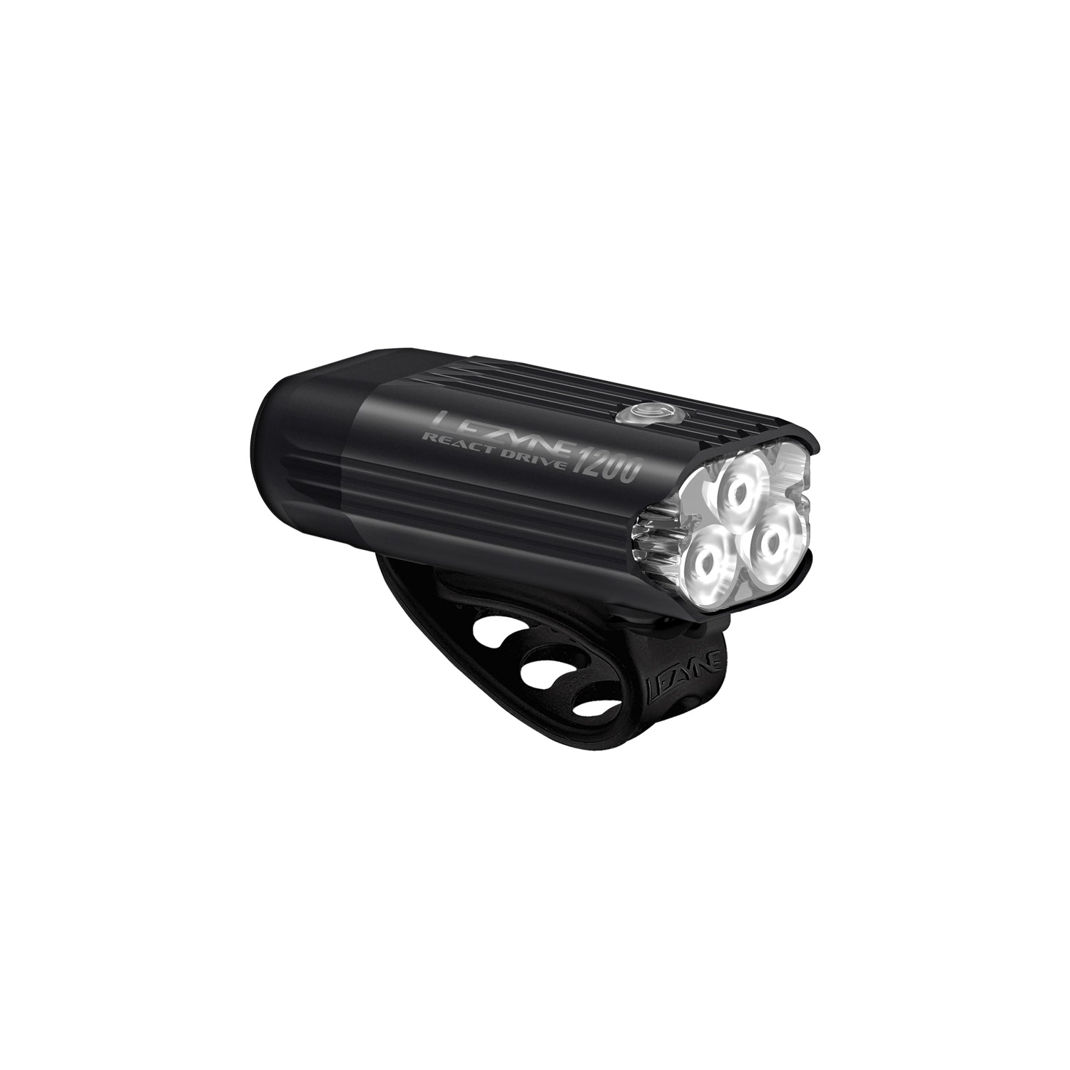 Lezyne React Drive LED front bike light product image; compact body with side cutouts, USB-C port and secure handlebar mount.