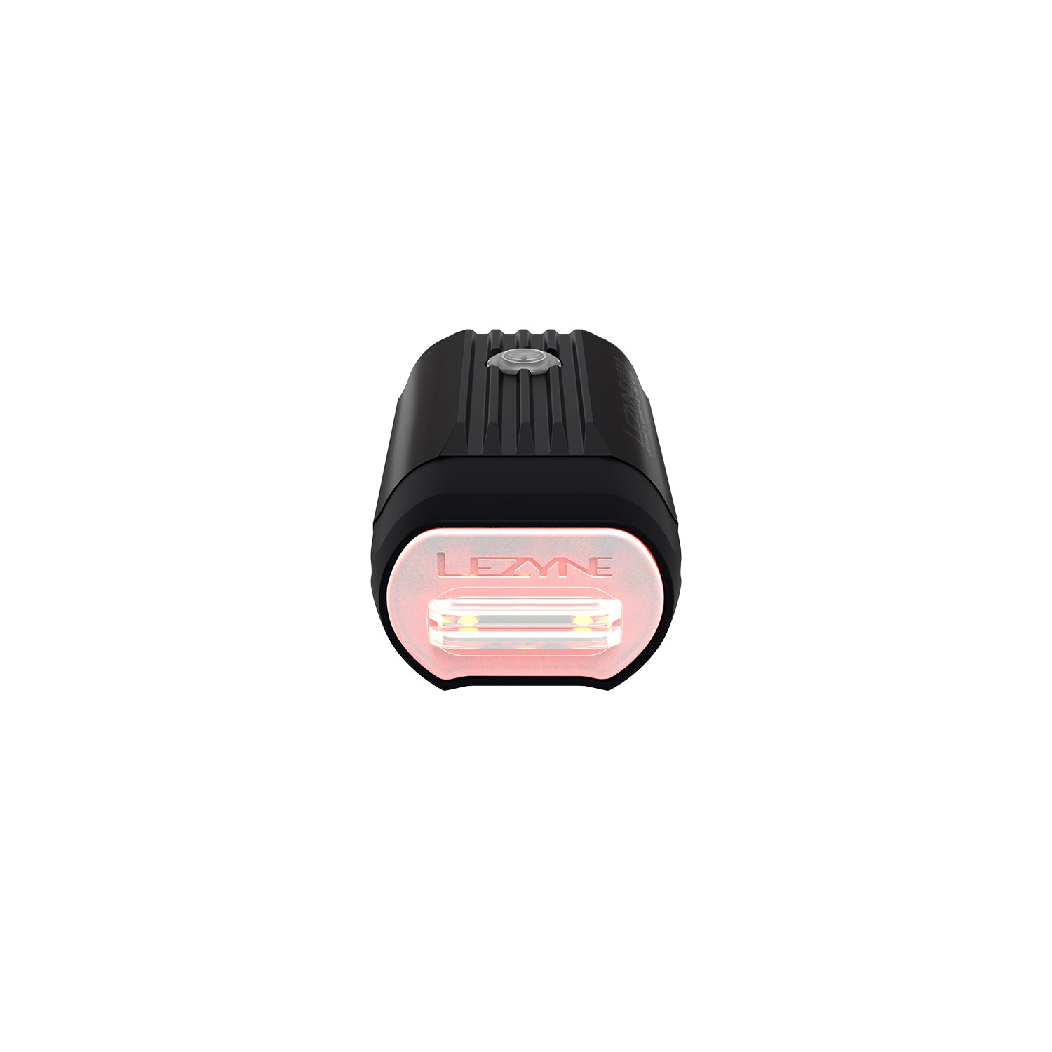 Lezyne React Drive LED front bike light rear view; red vehicle-alert LEDs illuminated, indicating upcoming vehicles detected by Radar Drive Rear bike light.