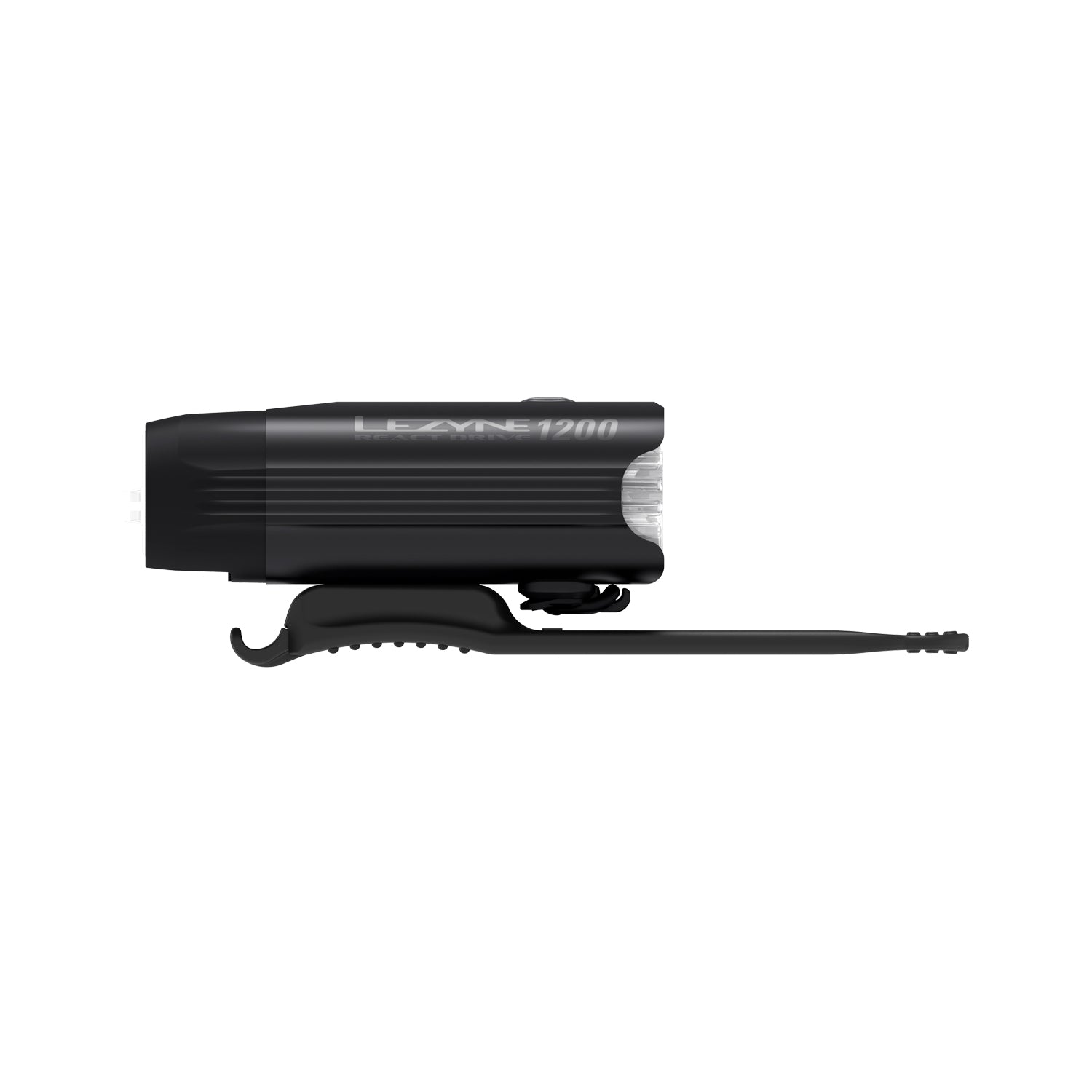 Lezyne React Drive LED front bike light side view; slim housing with precision optics, side cutouts, USB-C cover, IPX7 waterproofing.