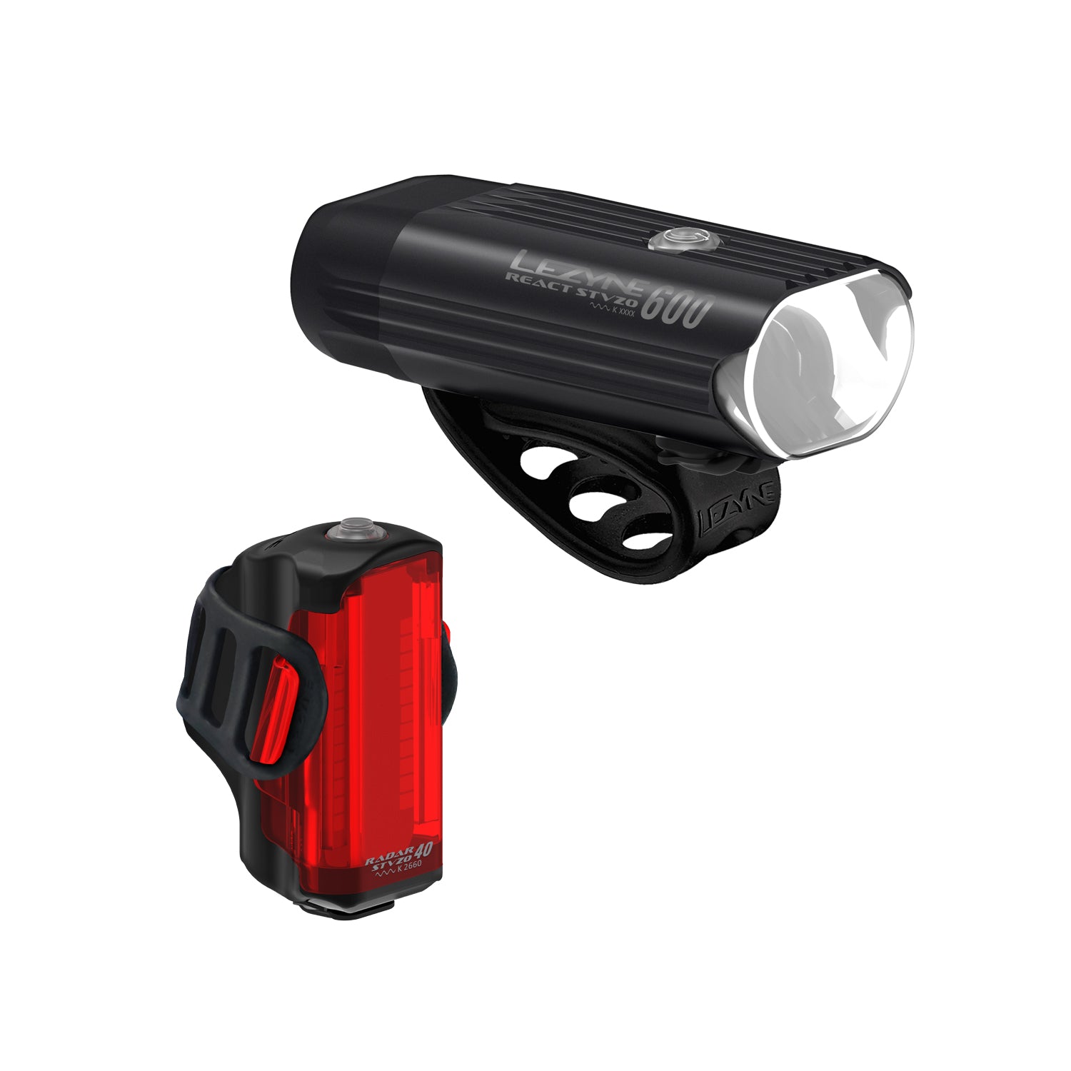 Lezyne Radar React StVZO System on white — StVZO compliant front and rear bike lights with radar detection and strap mounts.