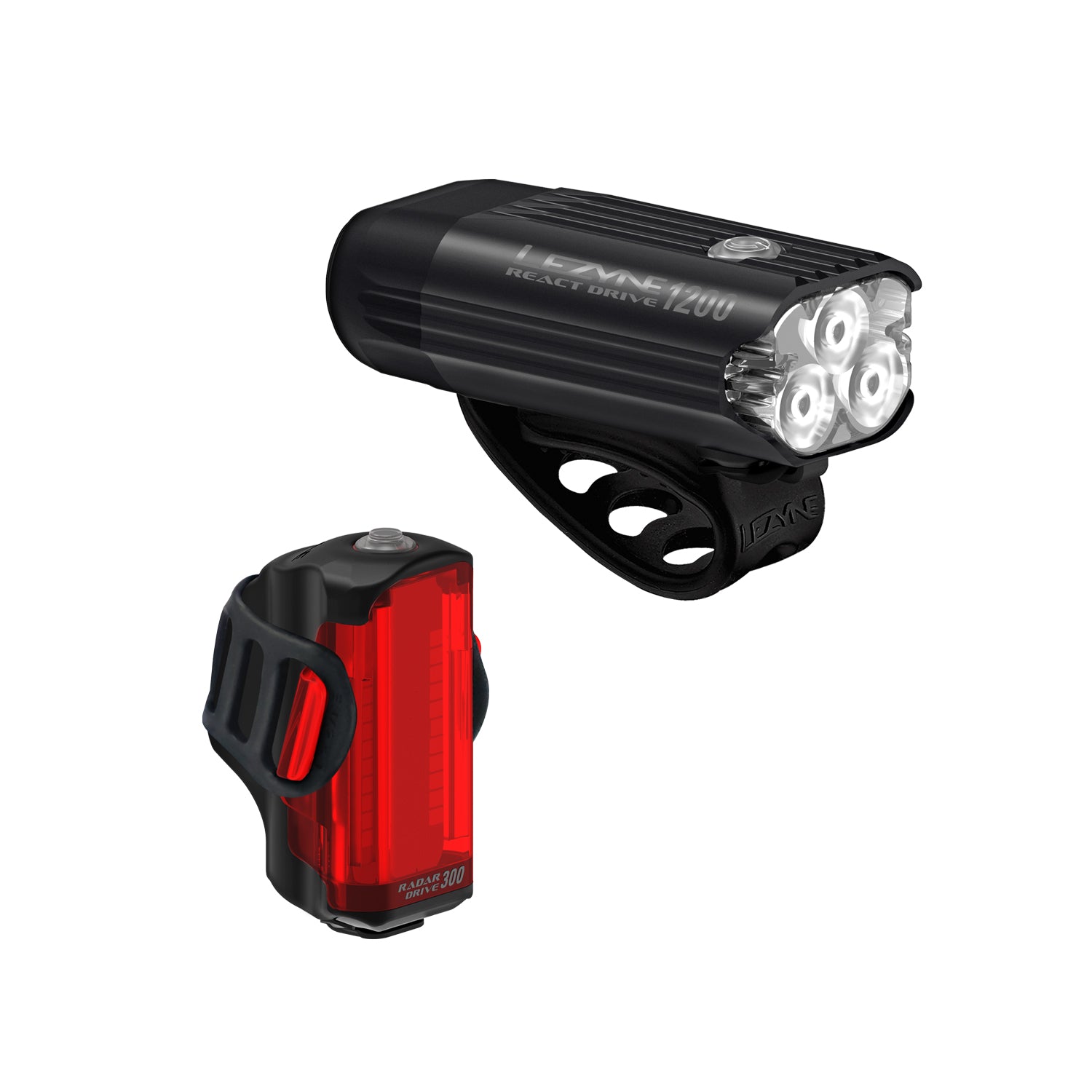 Lezyne Radar React System LED bike light set on white; React Drive front and Radar Drive rear shown with strap mounts.