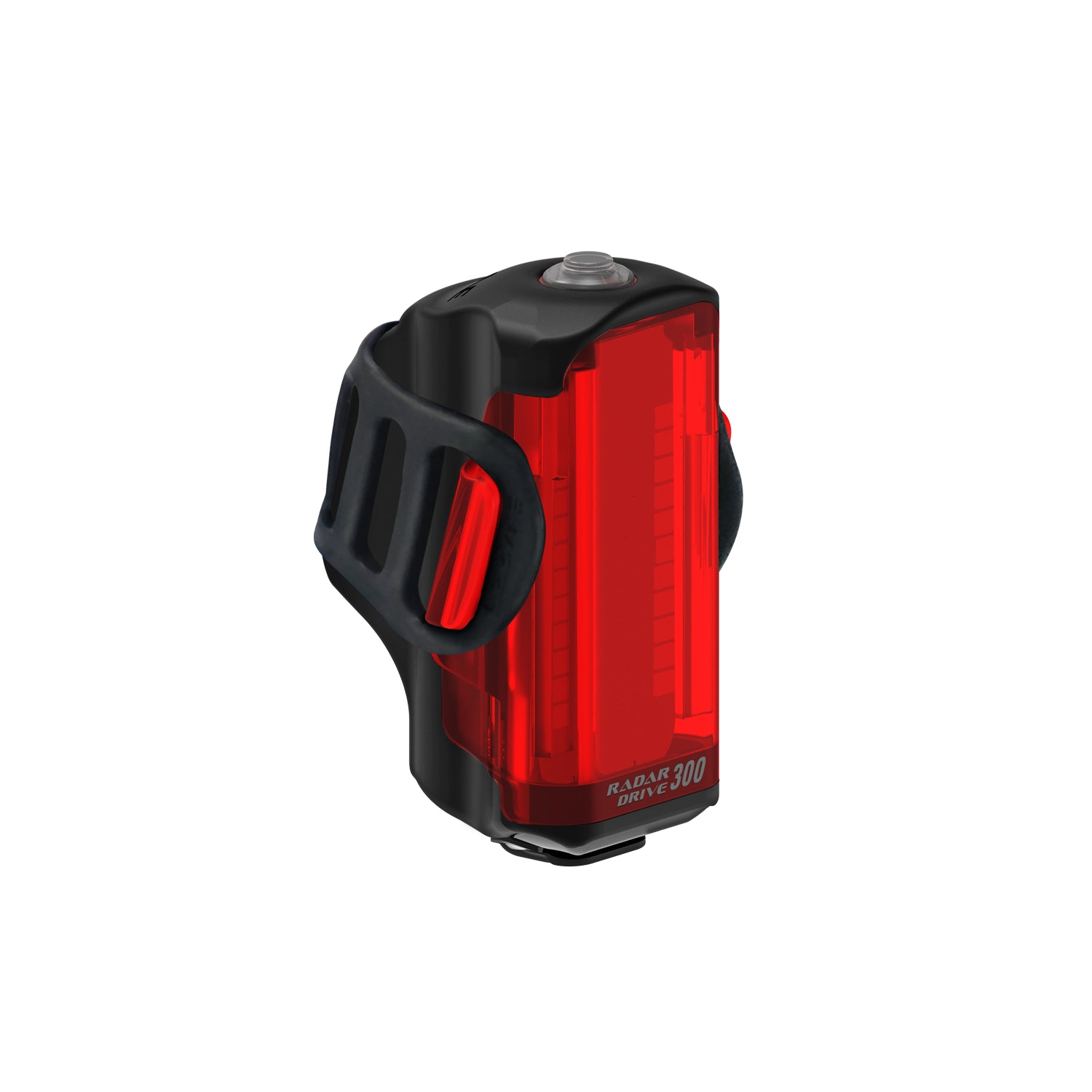 Lezyne Radar Drive LED rear bike light, product image on white background; compact IPX7 design, USB-C port, seatpost strap mount.