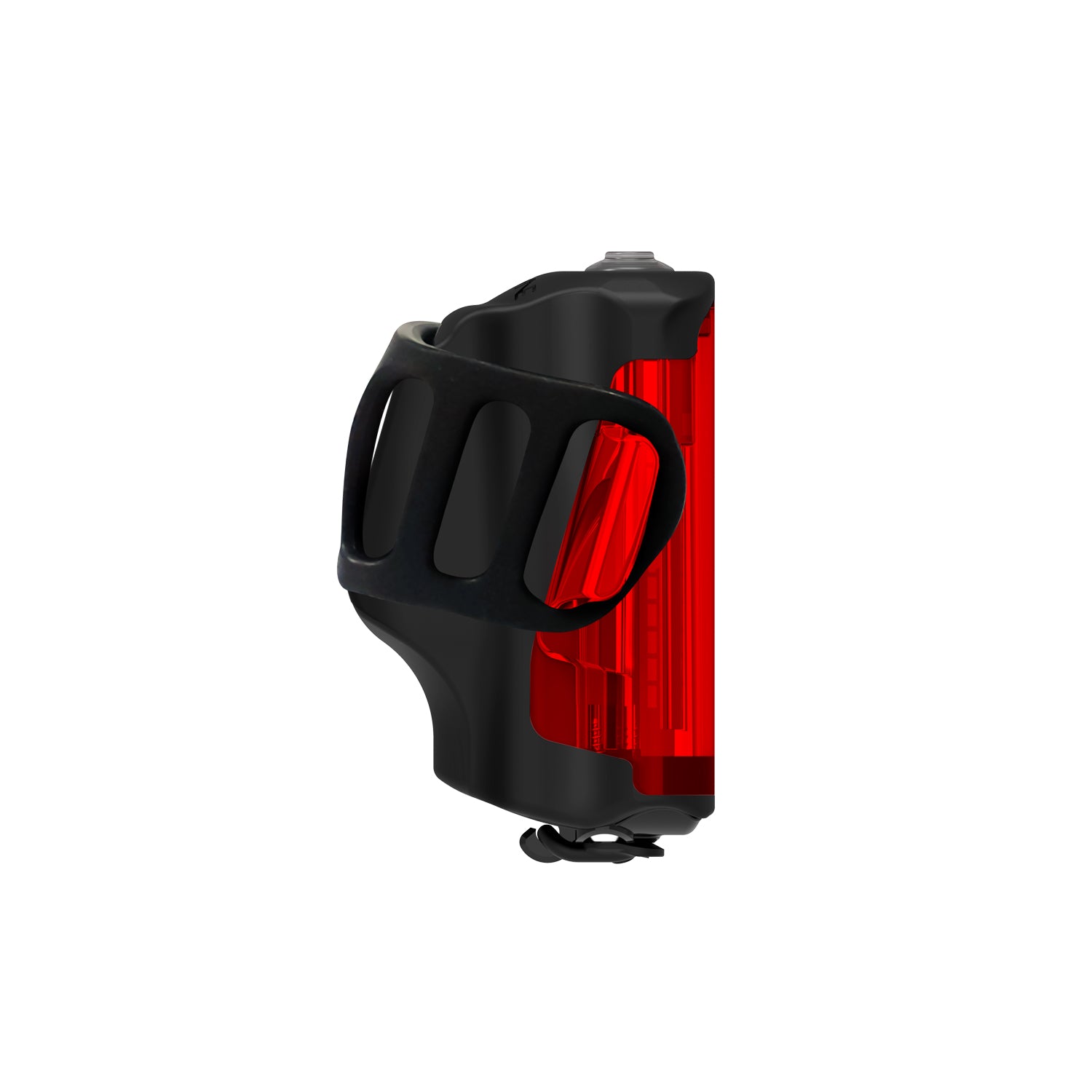 Lezyne Radar Drive LED rear bike light, angled side view; slim co-molded body, seatpost strap mount, USB-C charge.
