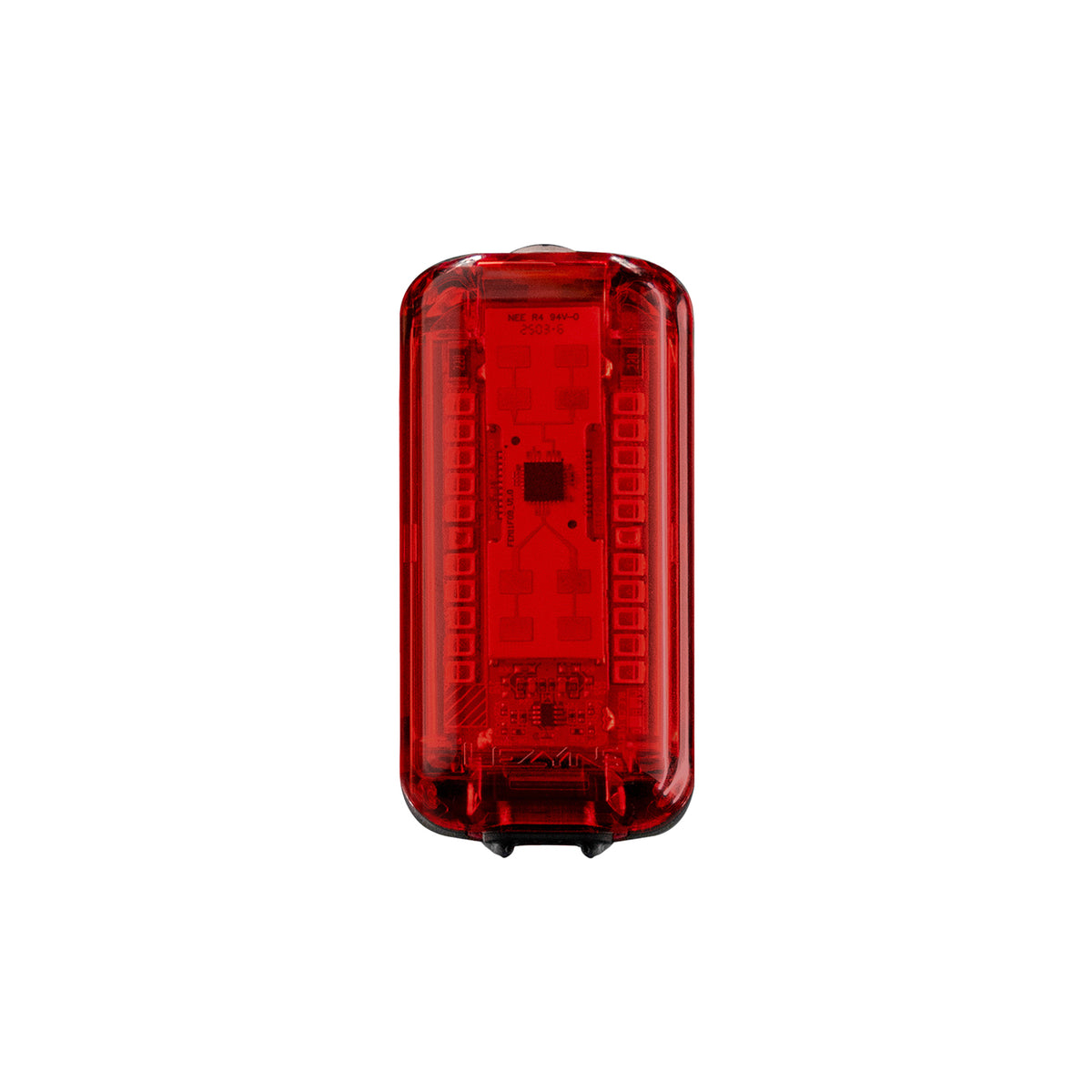 Front view rendering of the Lezyne Radar Pro 300 radar bike light, highlighting the highly engineered red lens designed for maximum visibility.
