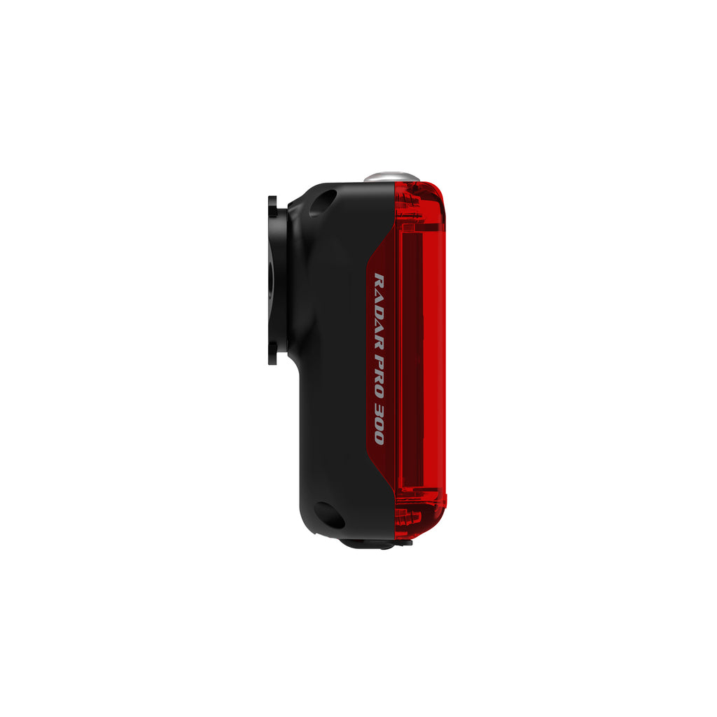 Detailed side view of the Lezyne Radar Pro 300 radar taillight, emphasizing its sleek, industrial-grade composite construction.