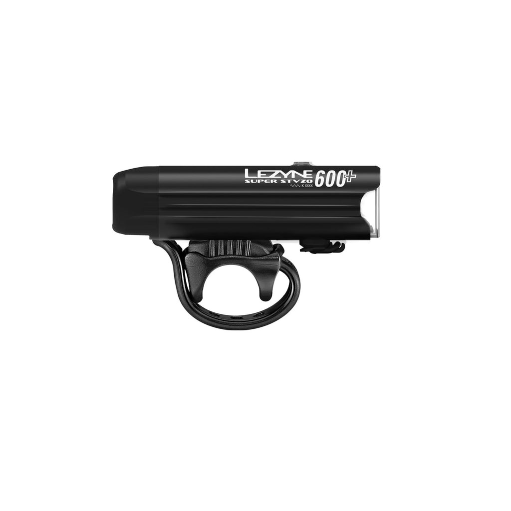 Lezyne Super StVZO 600+ front light, black aluminum housing, side view.
