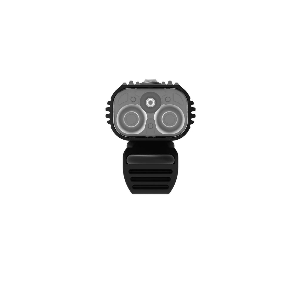 Front view of Super Drive 1800+ Smart LED bike light, showing individual LEDs and aluminum cooling fin design.