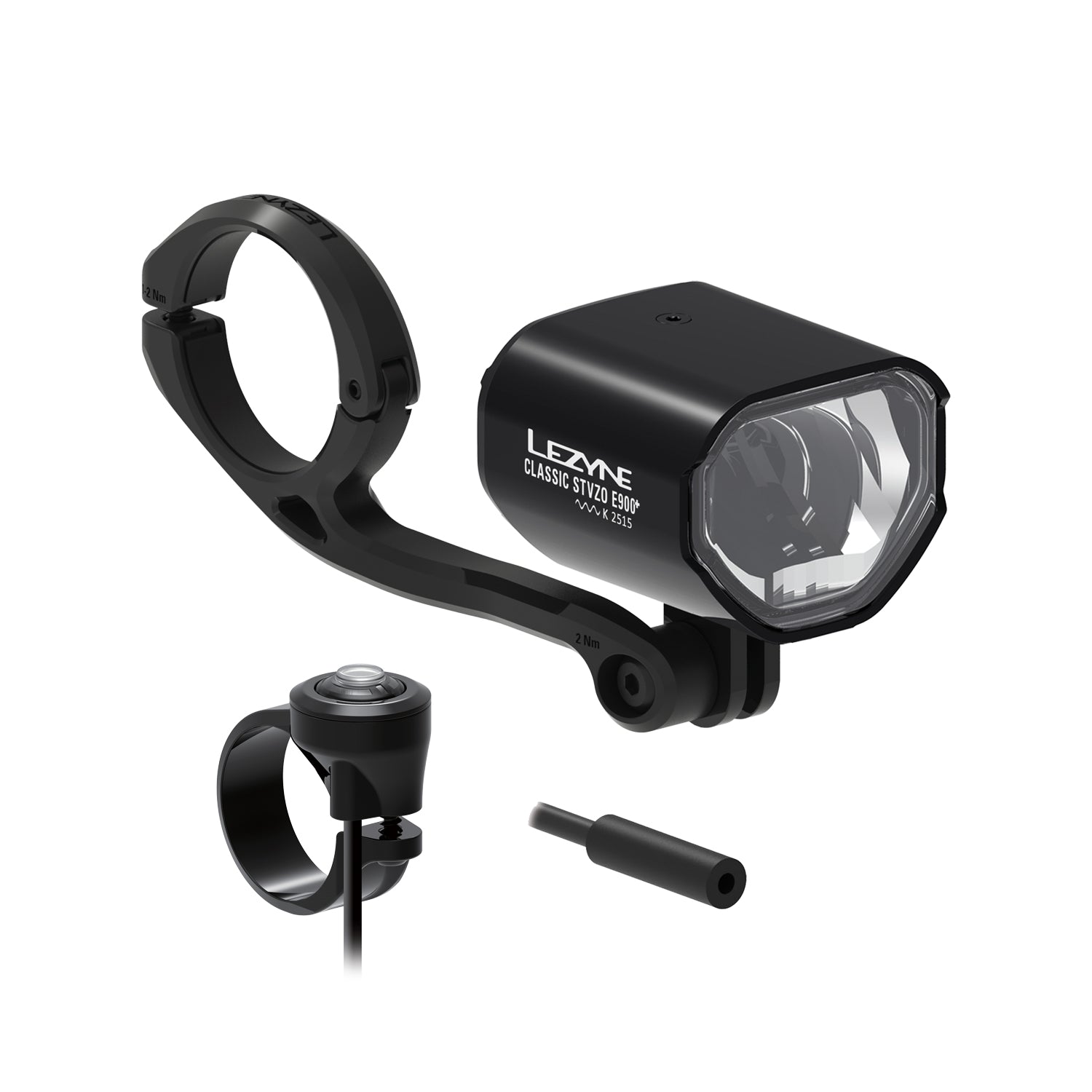 Lezyne E-BIKE CLASSIC StVZO E900+ front bike light paired with a remote handlebar switch, allowing easy mode control for a safer and more convenient ride.