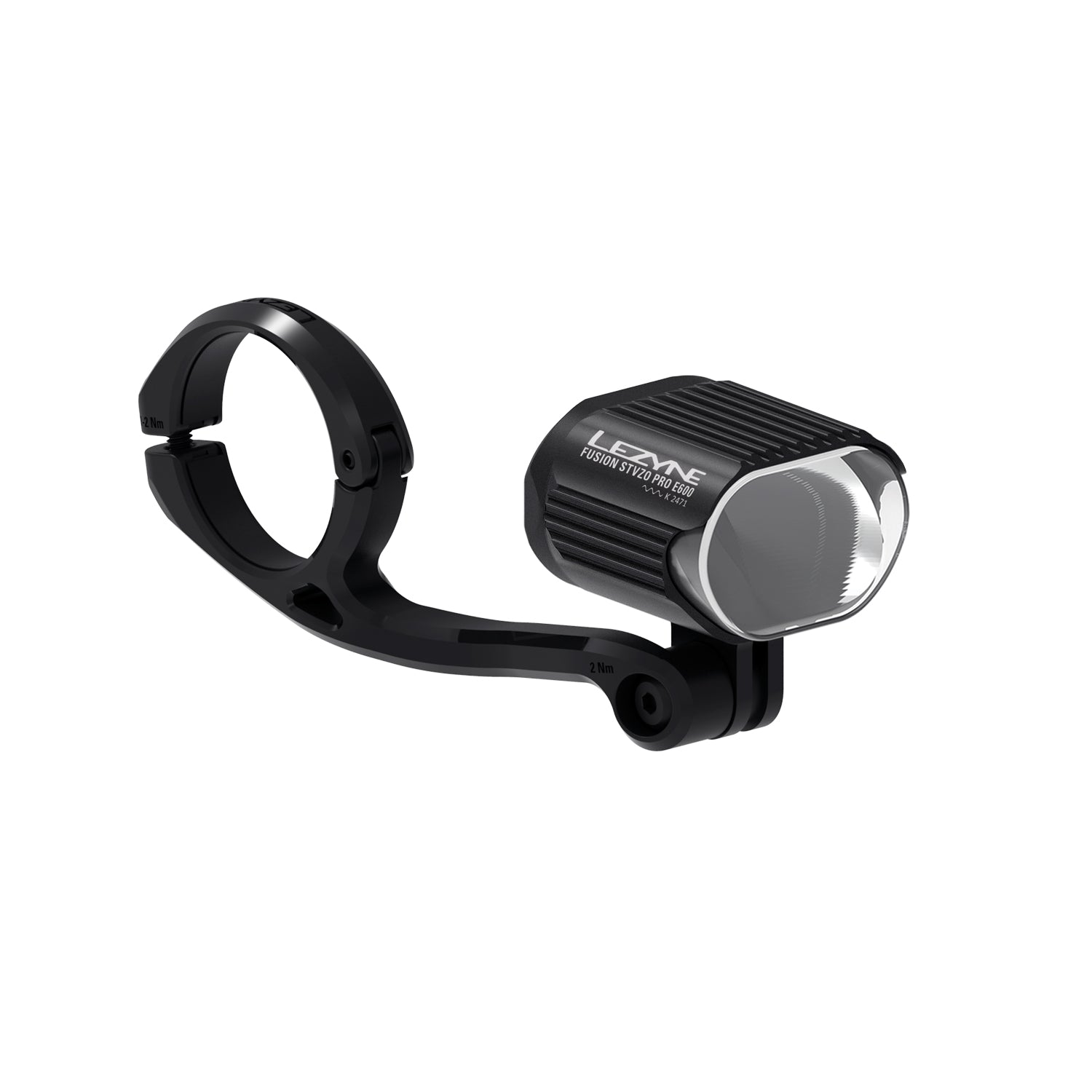 Lezyne E-BIKE FUSION PRO StVZO E600 LED front bike light with forward center mount, providing a secure and optimized position for enhanced road visibility and stability.