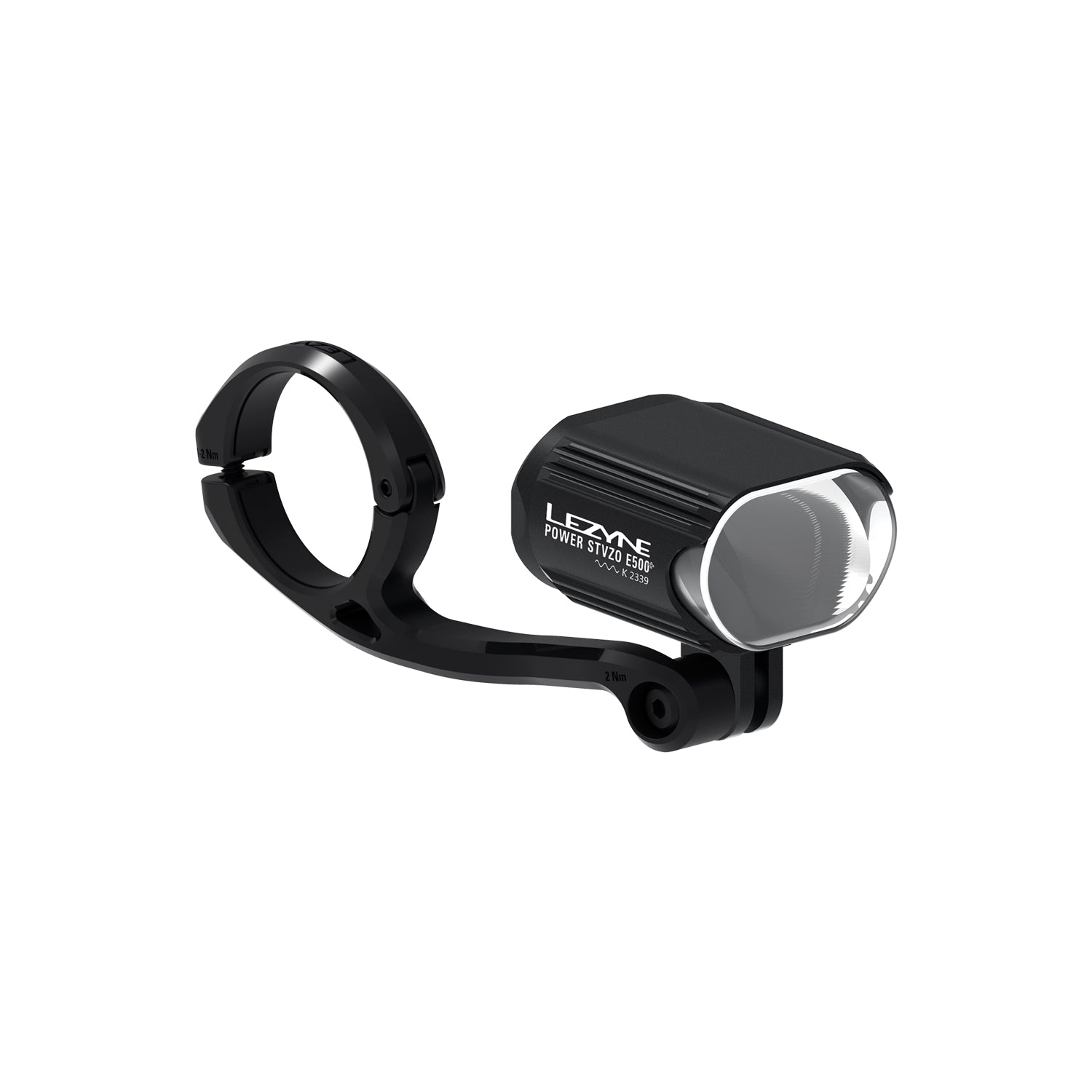 Lezyne E-BIKE POWER StVZO E500+ LED front bike light with forward center mount, offering a secure and optimized position for enhanced road visibility on e-bikes.