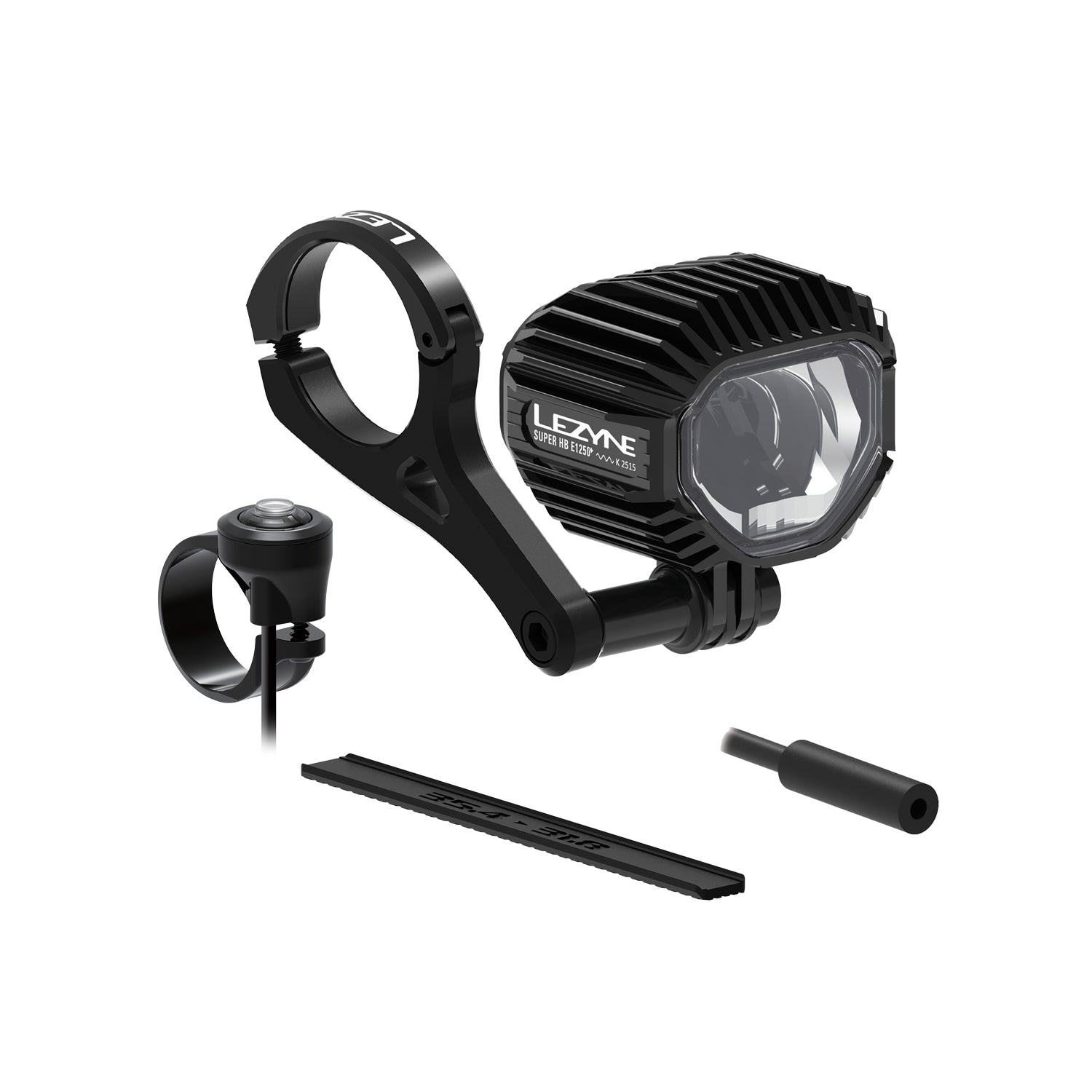 Lezyne E-BIKE SUPER HB StVZO E1250+ LED front bike light with CNC aluminum mount, remote switch, and BOSCH BES3 connector for seamless e-bike integration and control.