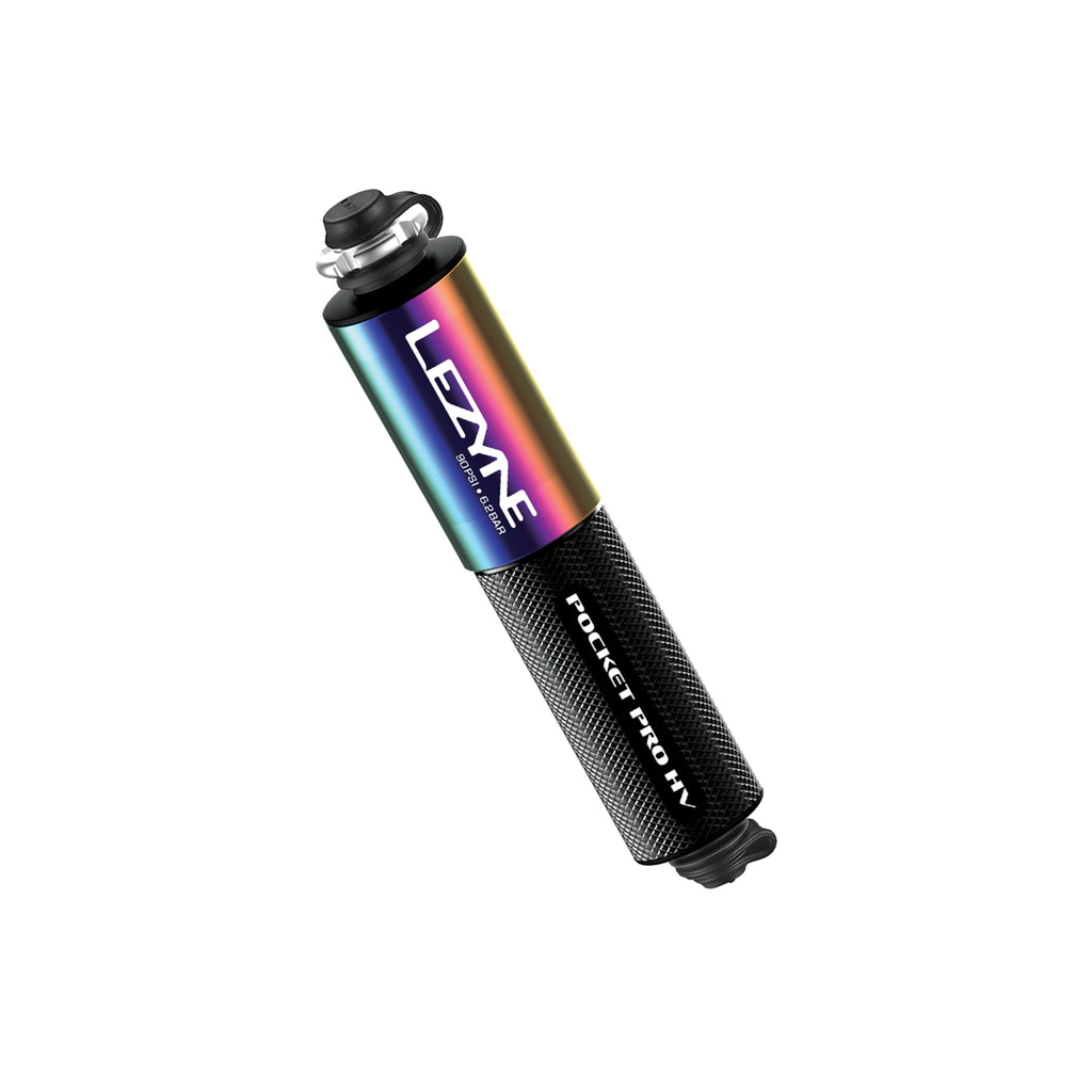 Pocket Drive Pro HV bike hand pump in Neo Metallic finish, CNC-machined aluminum with compact overlapping handle.