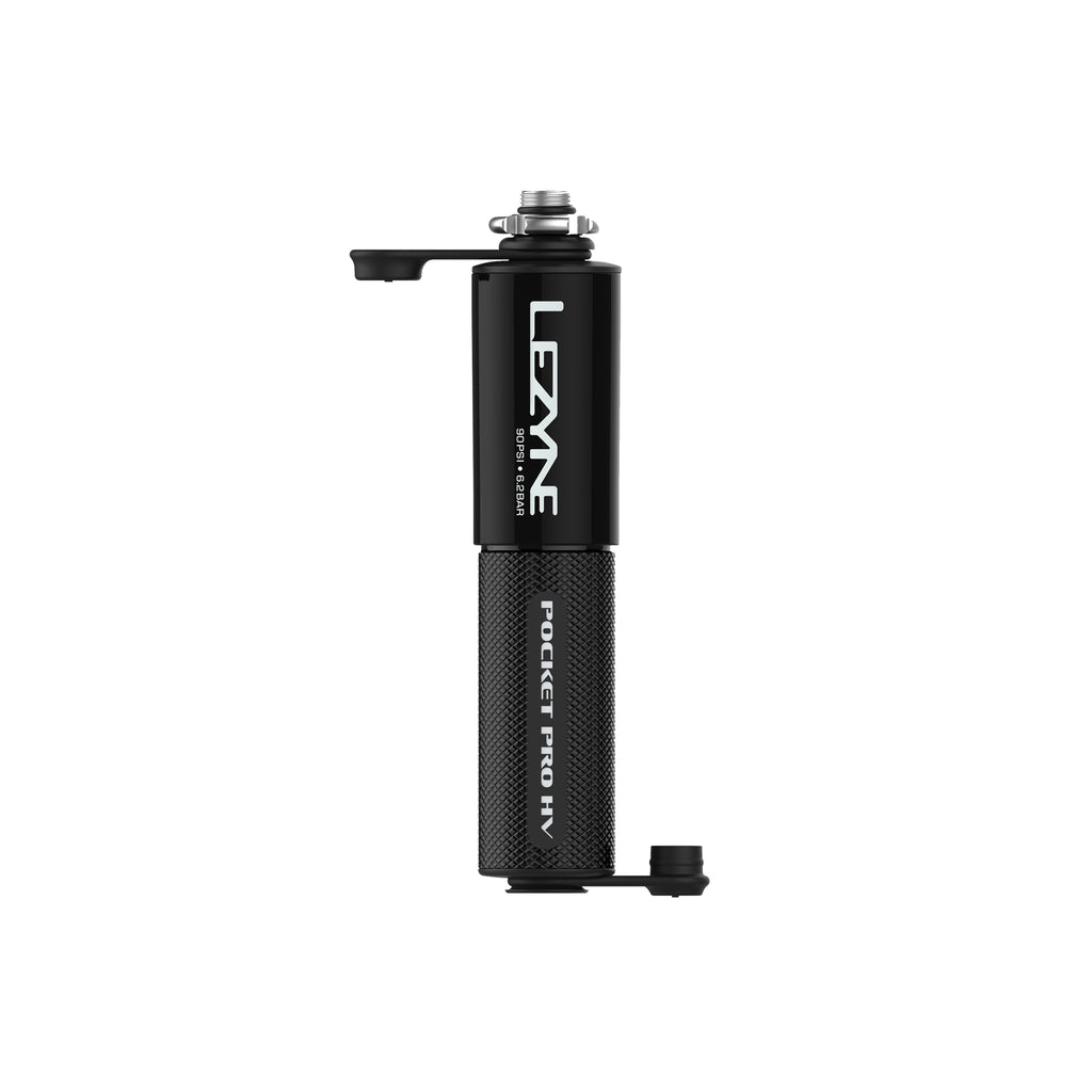 Matte Black Pocket Drive Pro HV hand pump shown with frame mount, CNC aluminum body, and overlapping handle.