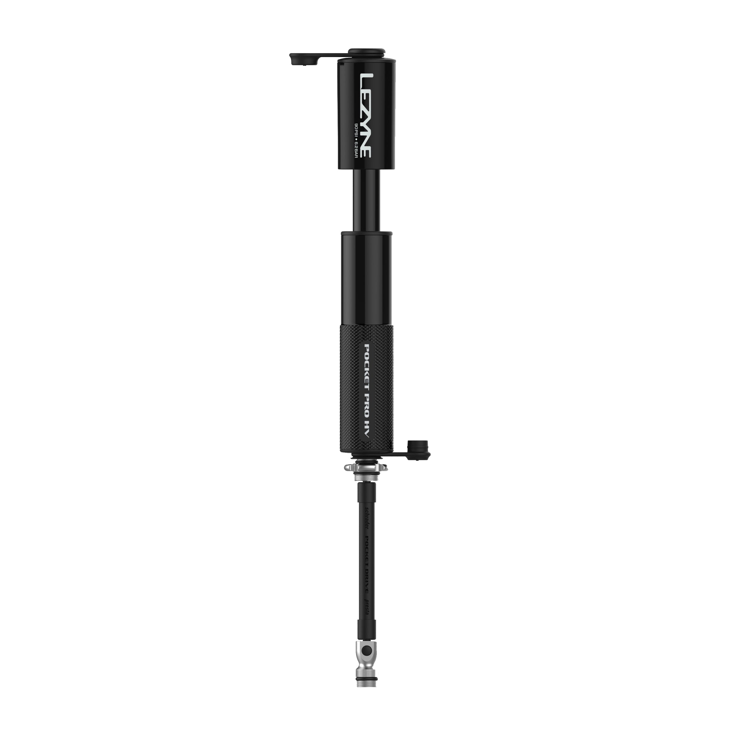 Detail view of Matte Black Pocket Drive Pro HV showing compact size, knurled barrel, and flexible hose attachment.