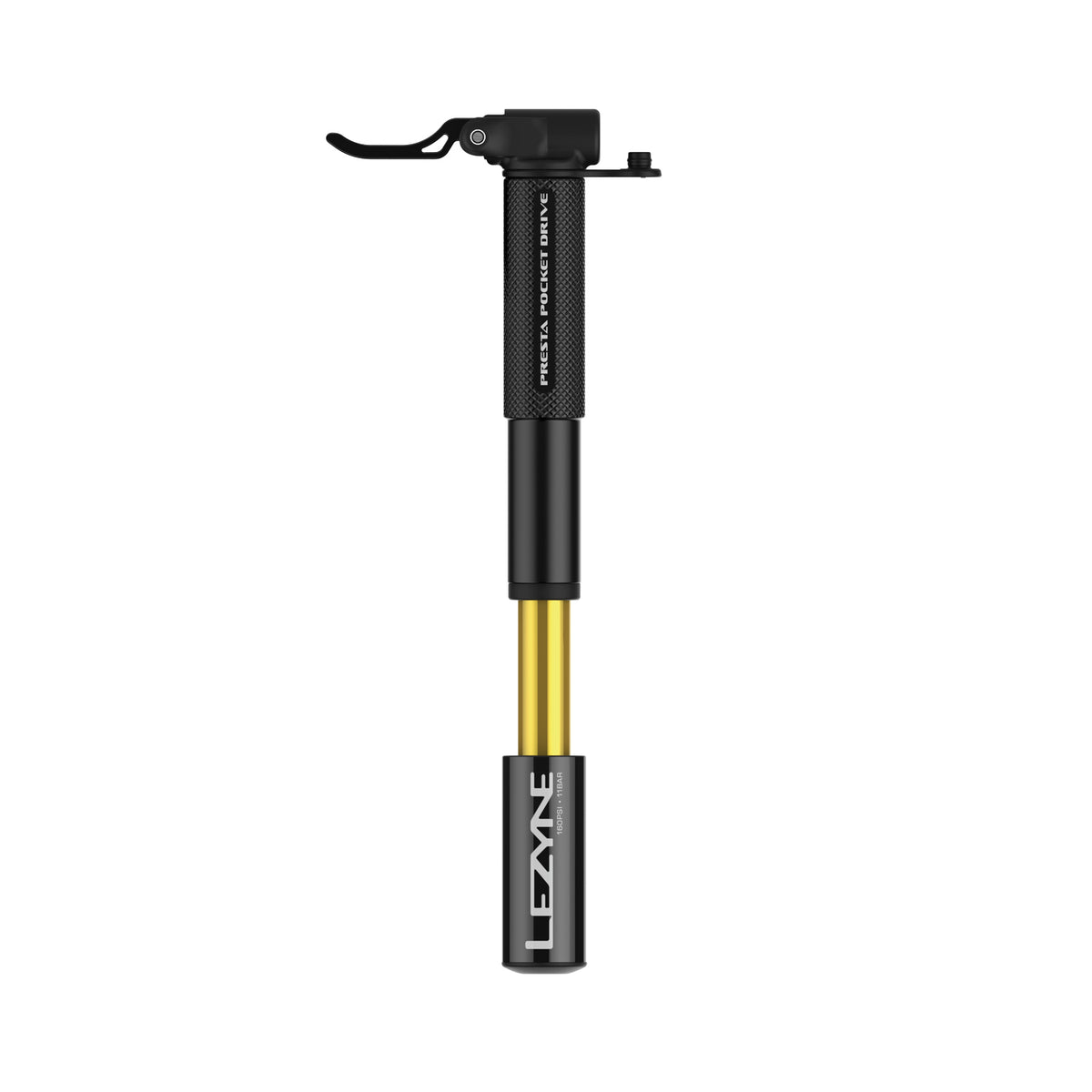 Close-up of the Presta Pocket Drive bike hand pump, showcasing the knurled barrel and precision-machined aluminum finish.